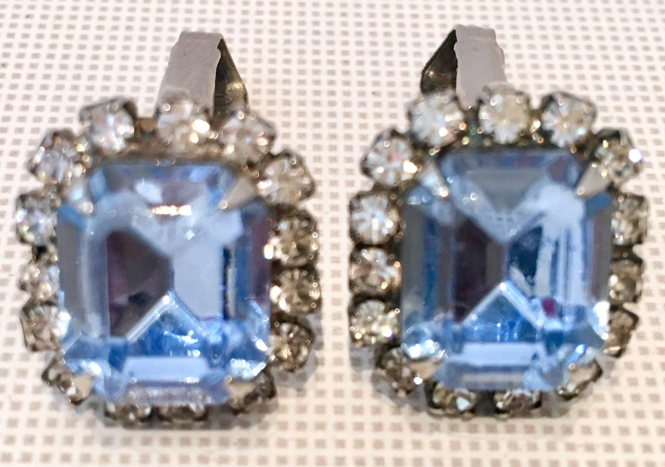 1950'S Silver & Austrian Crystal Rhinestone Earrings. Features a large prong .50