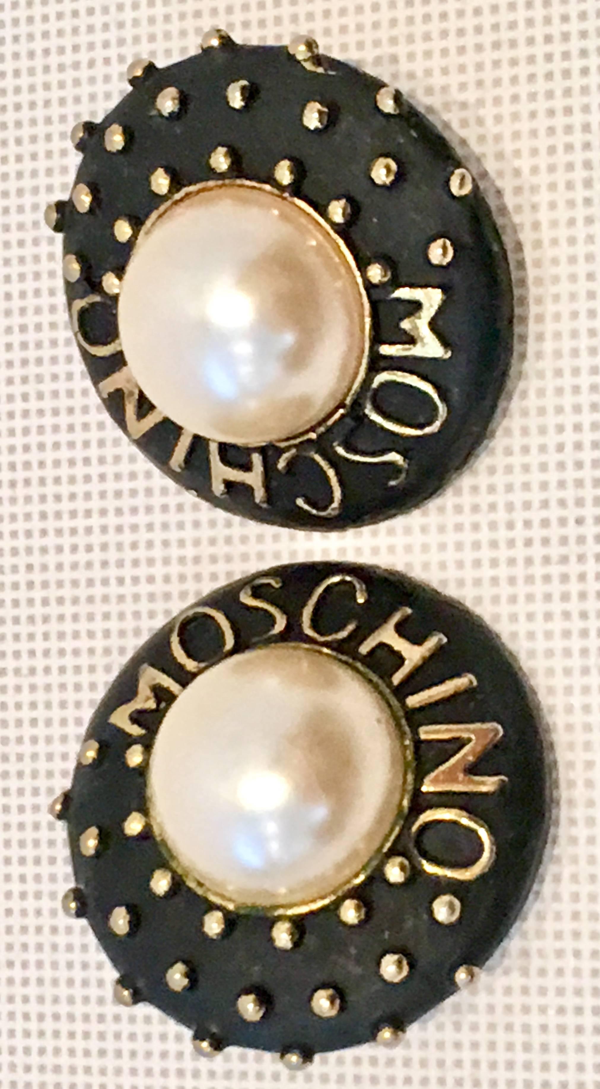 Women's or Men's Moschino Gold Plate Faux Pearl & Enamal Stud Logo Earrings