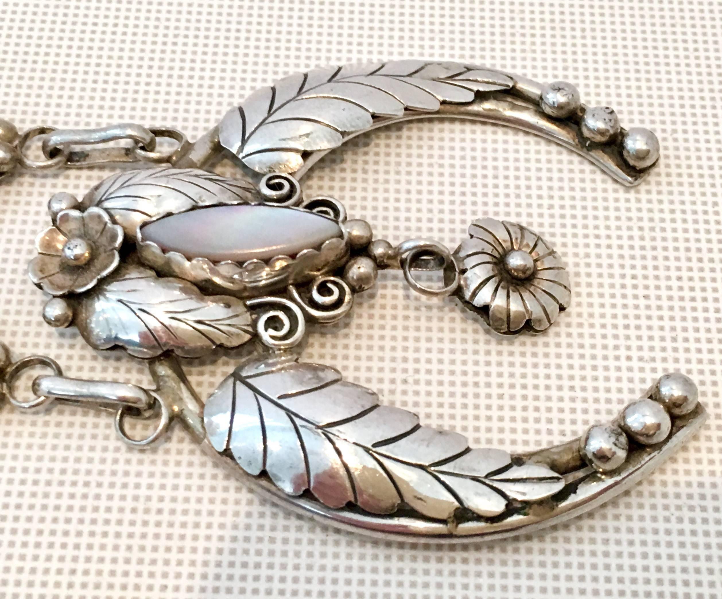 20th Century Sterling & Mother Of Pearl Squash Blossom Necklace By, A. Lee In Good Condition In West Palm Beach, FL