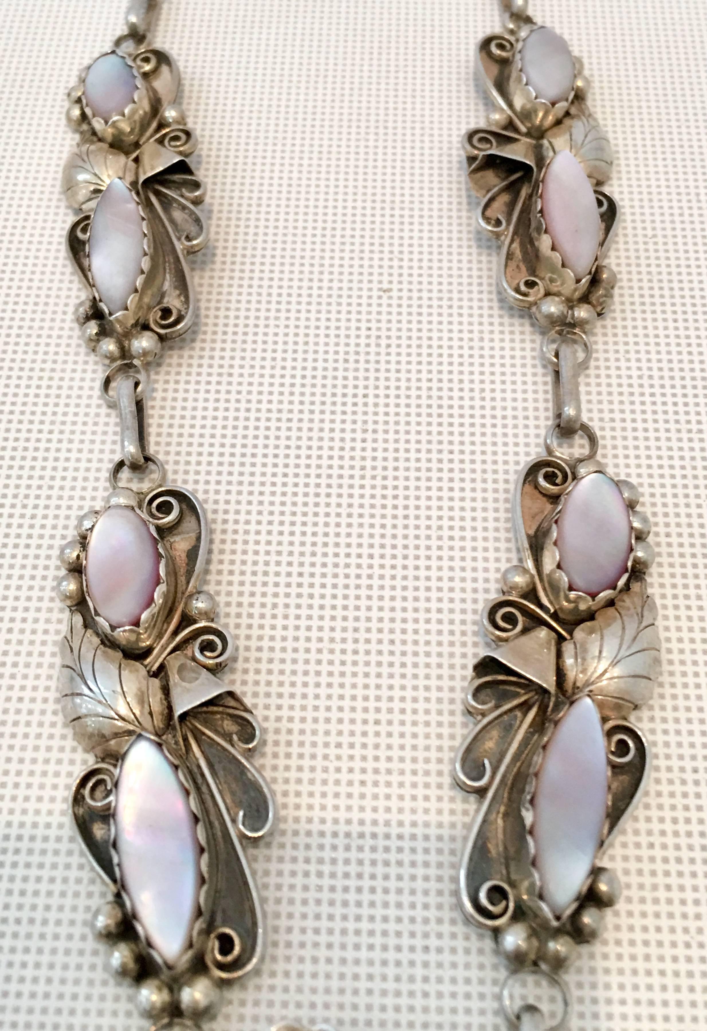 Native American 20th Century Sterling & Mother Of Pearl Squash Blossom Necklace By, A. Lee