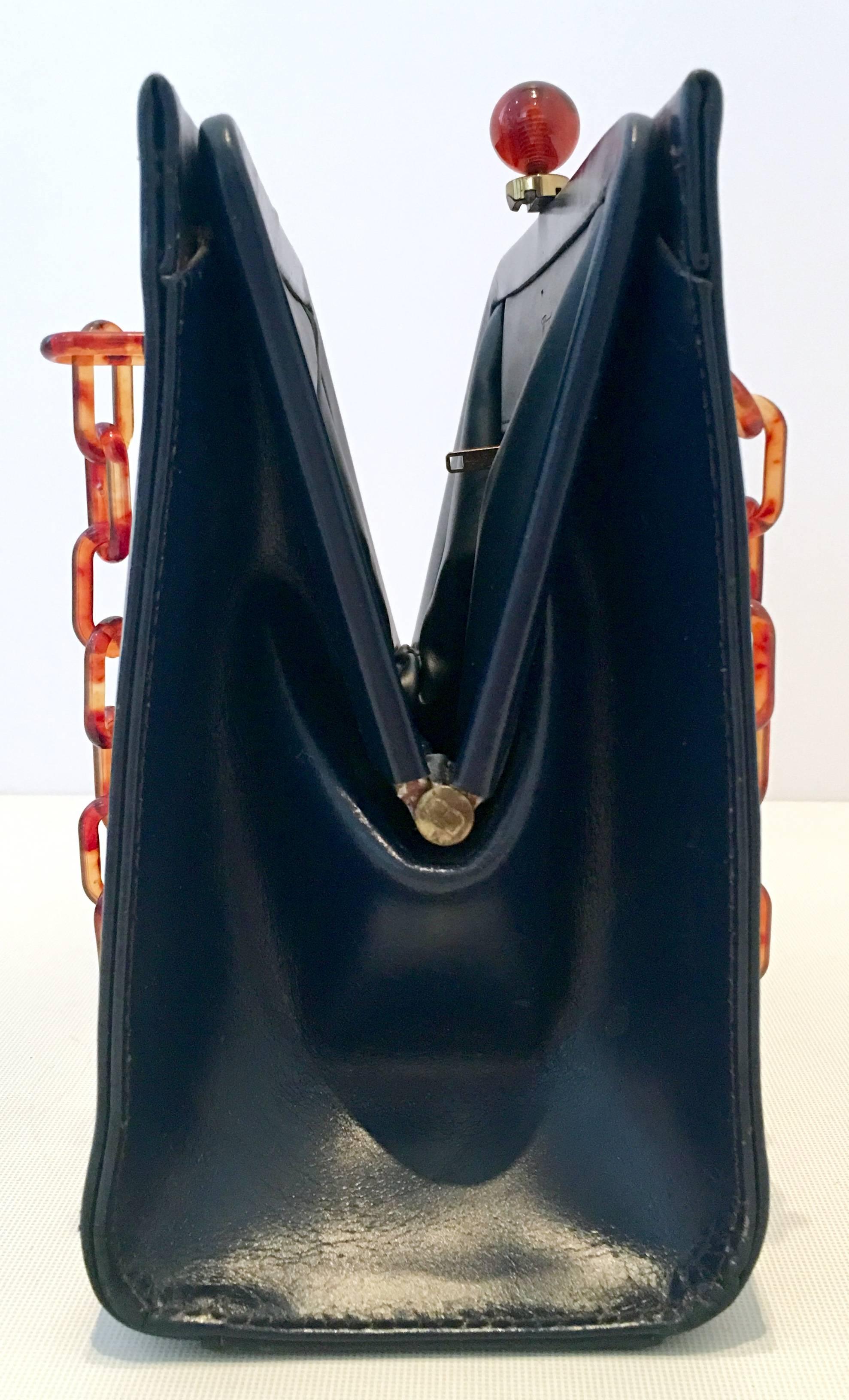 50'S Dofan France Navy Leather & Faux Tortoise Bakelite Hand Bag 1