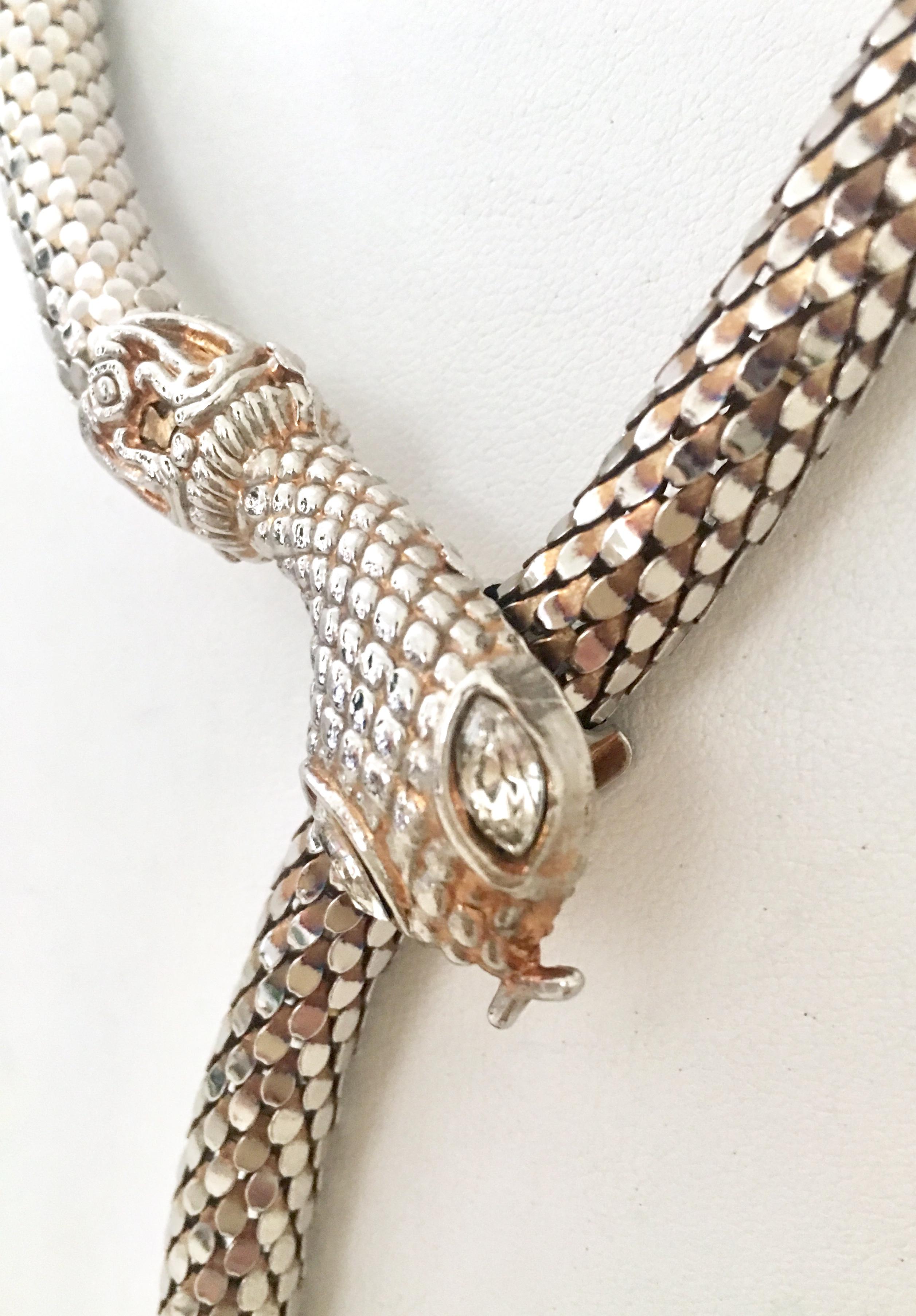 70'S Whiting & Davis Silver And Gold Metal Mesh, Crystal Snake Necklace In Good Condition In West Palm Beach, FL