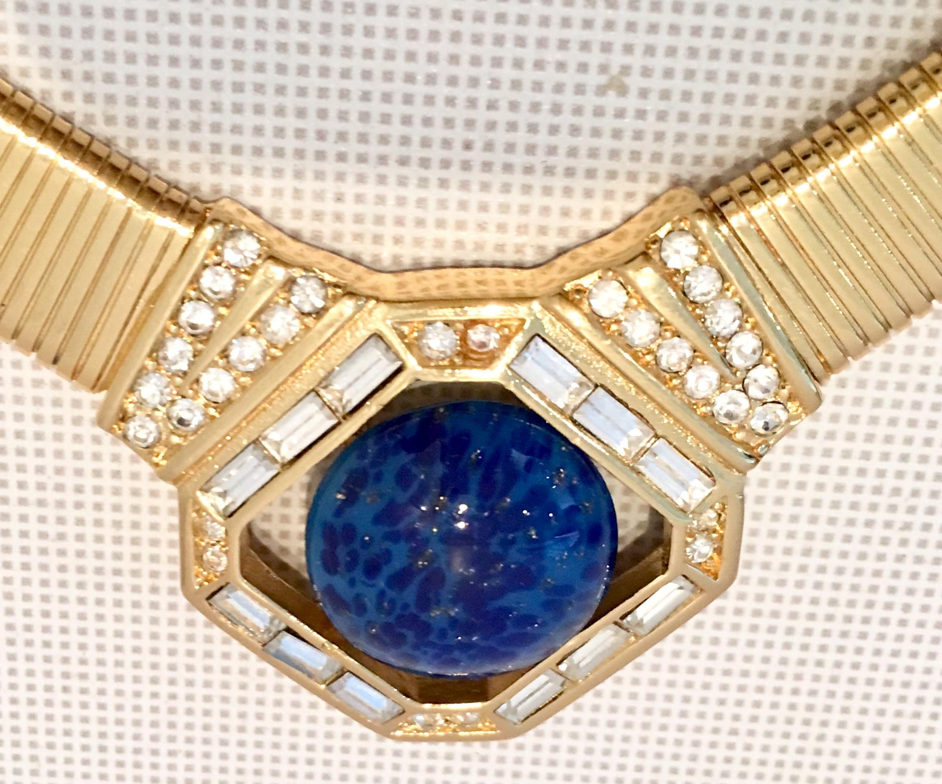 70'S Gold Faux Lapis Lazuli & Cyrstal Rhinestone Necklace By, Christian Dior 2