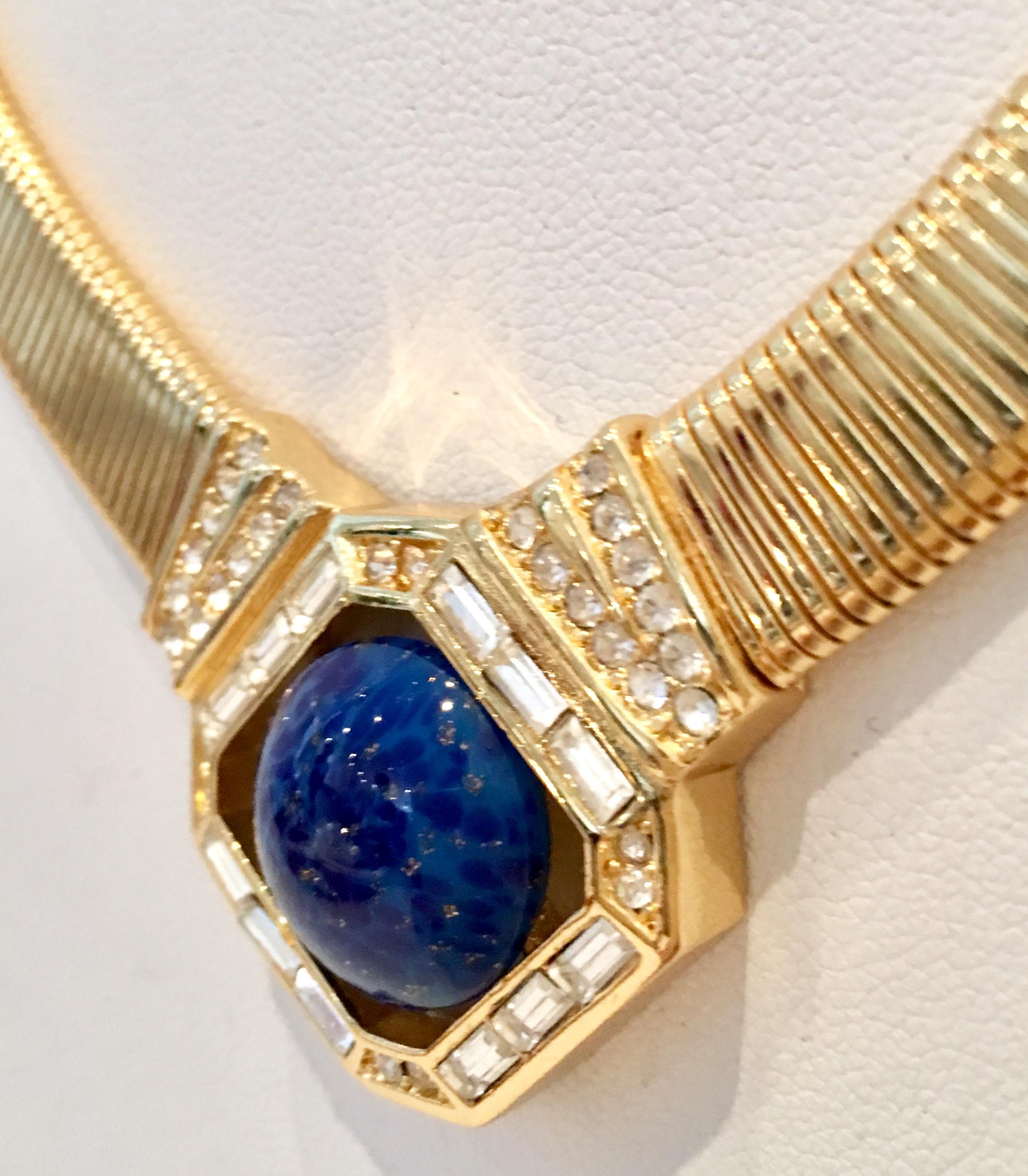 Women's or Men's 70'S Gold Faux Lapis Lazuli & Cyrstal Rhinestone Necklace By, Christian Dior