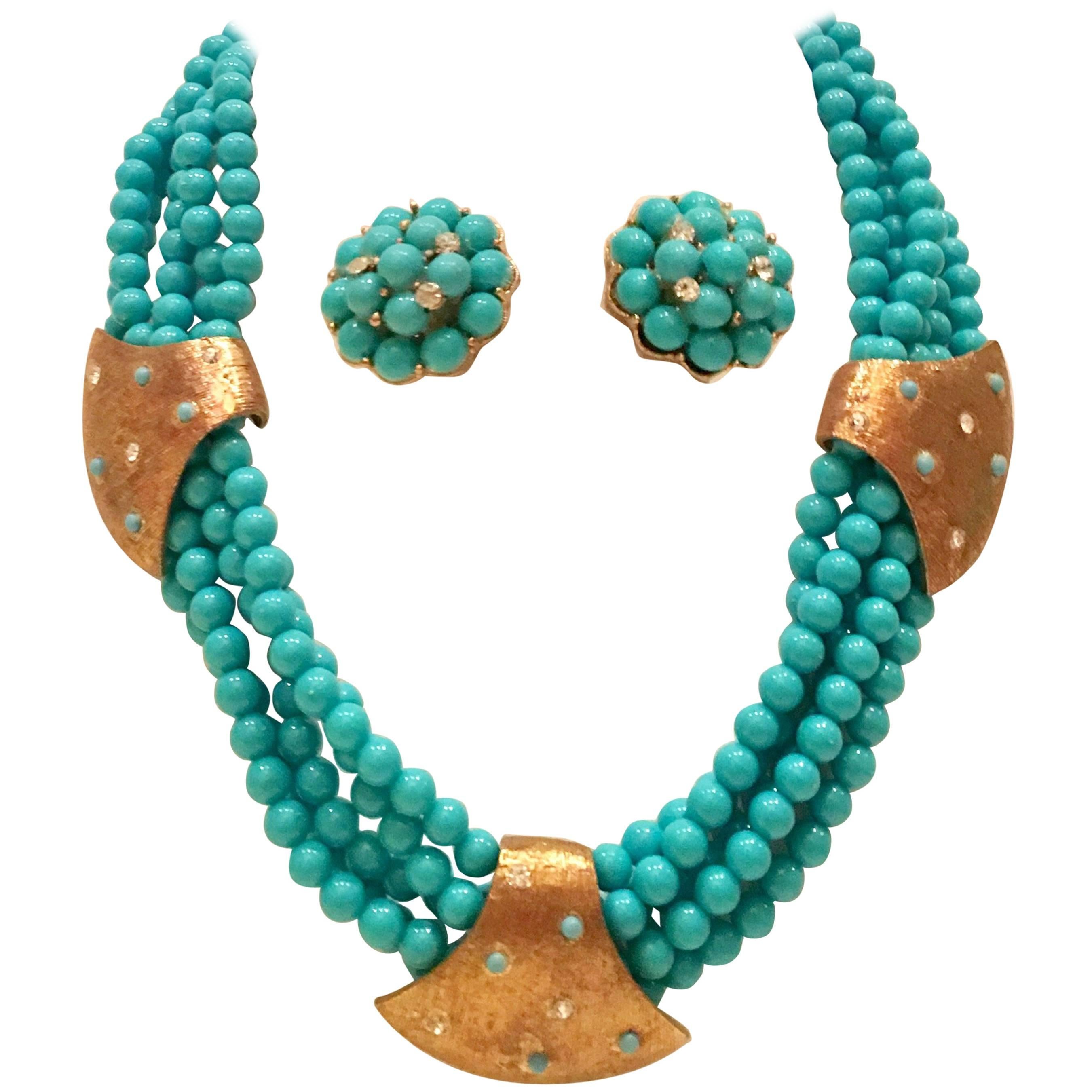 60'S Haskell Style Turquoise Bead & Swarovski Crystal Necklace & Earrings S/3