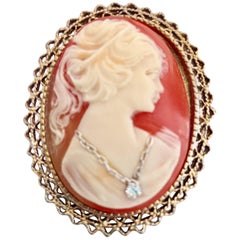 Antique 14K Gold Shell Platinum 
Diamond Cameo Brooch