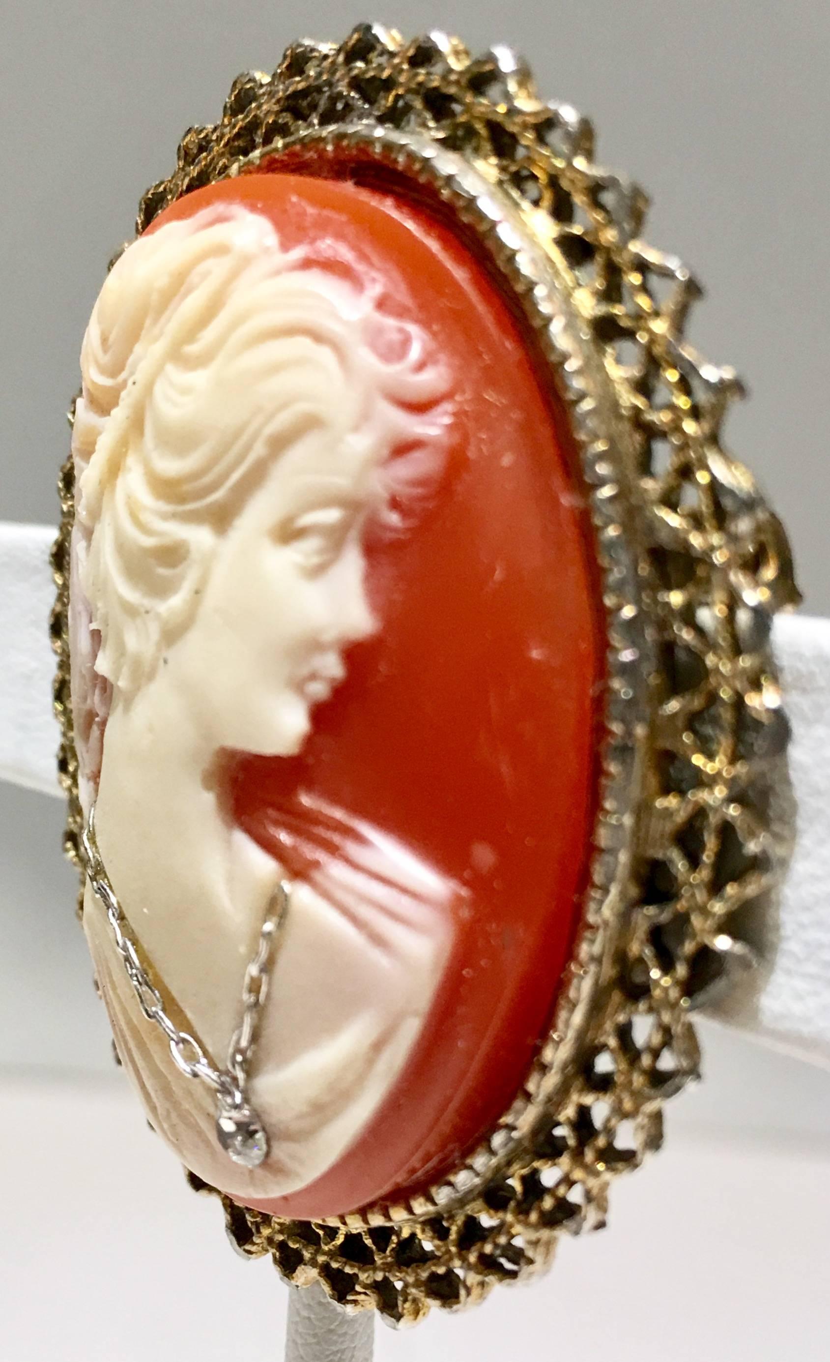 Antique 14K Gold Shell Platinum and Diamond Cameo Brooch at 