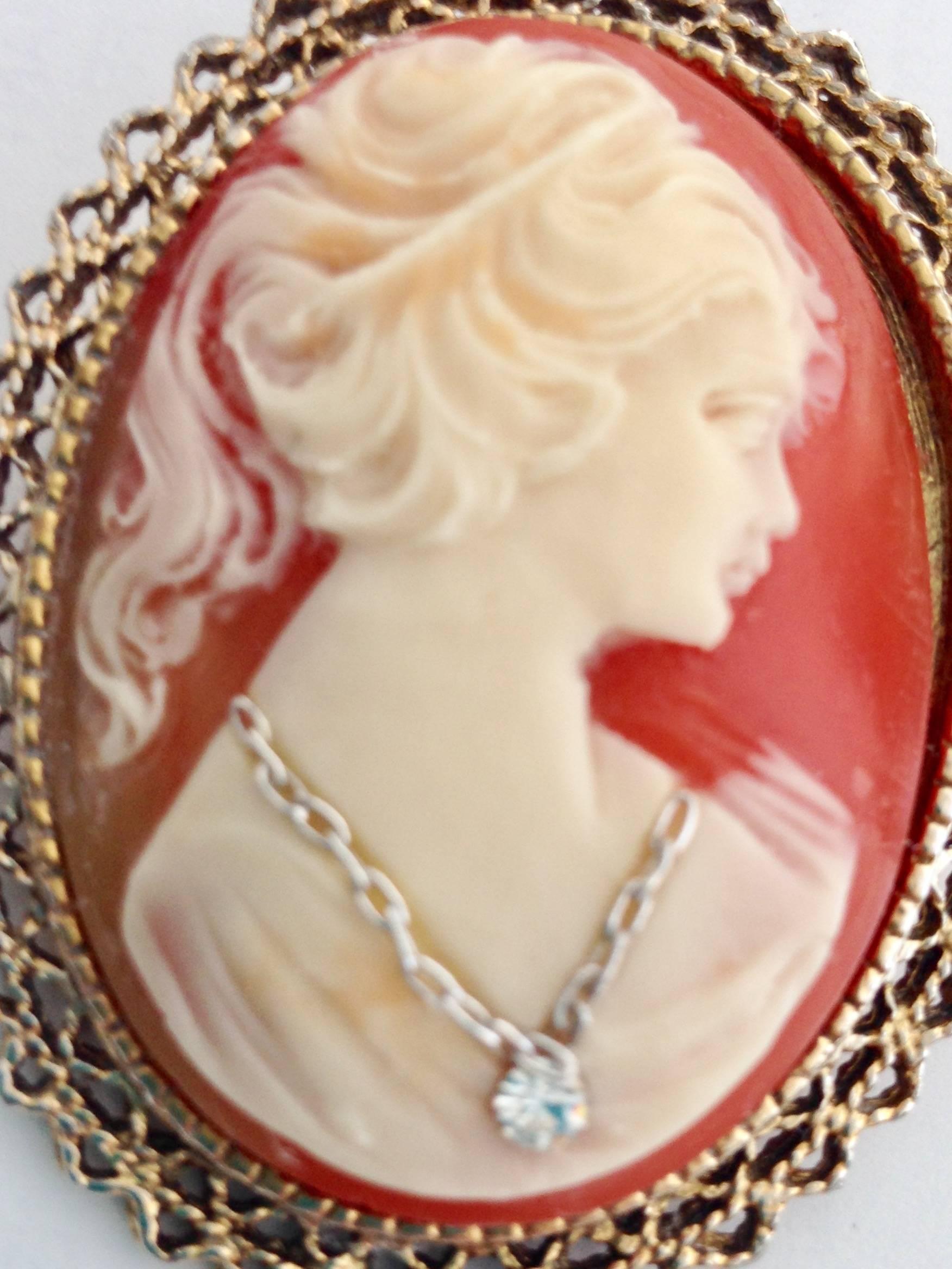 Antique 14K Gold Shell Platinum and Diamond Cameo Brooch at 