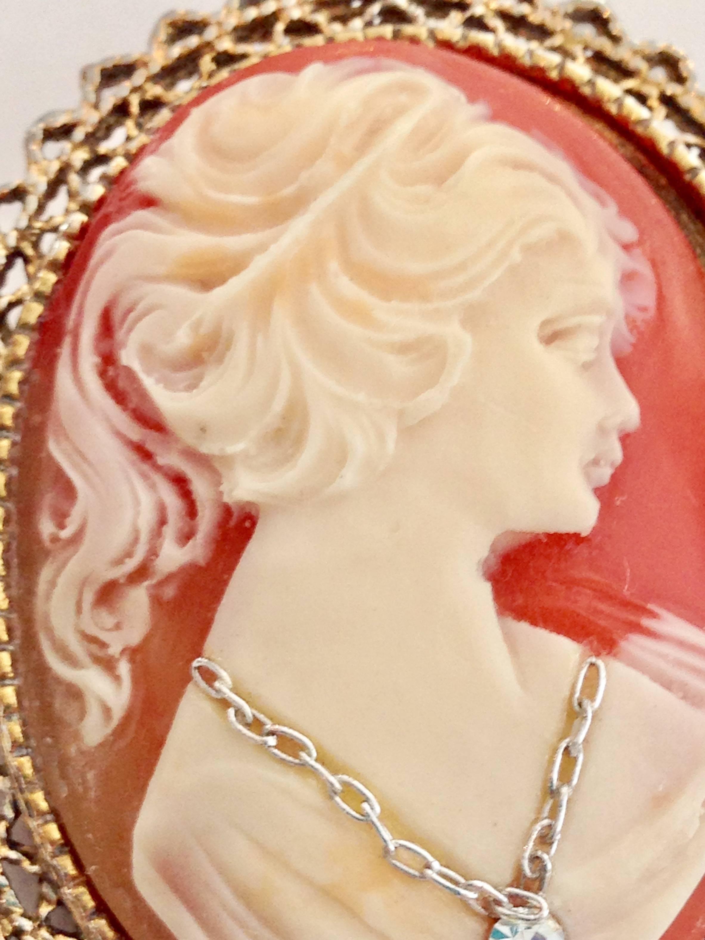Women's or Men's Antique 14K Gold Shell Platinum & Diamond Cameo Brooch