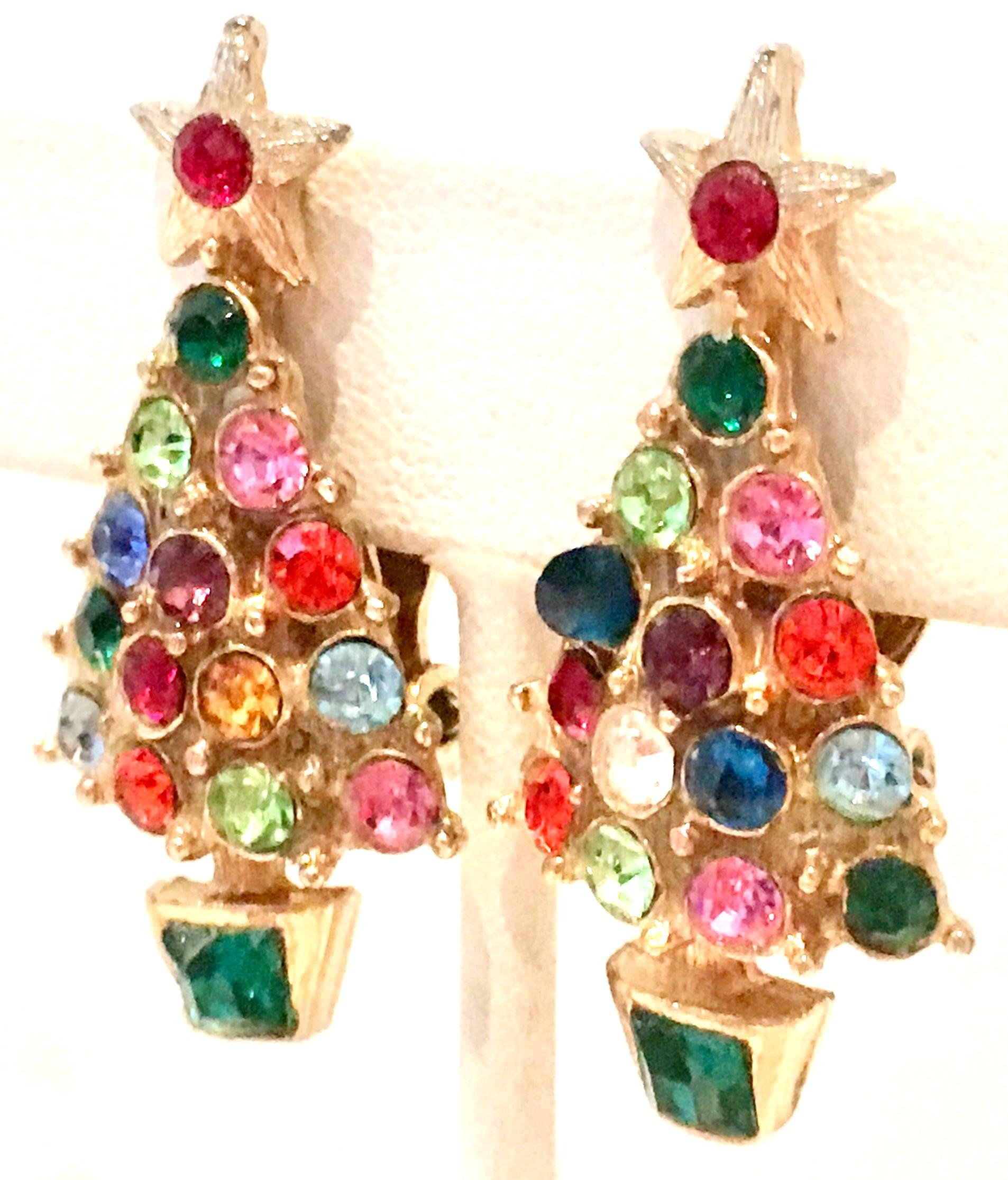 Women's or Men's 20th Century Pair Of Gold & Swarovski Crystal Christmas Tree Earrings