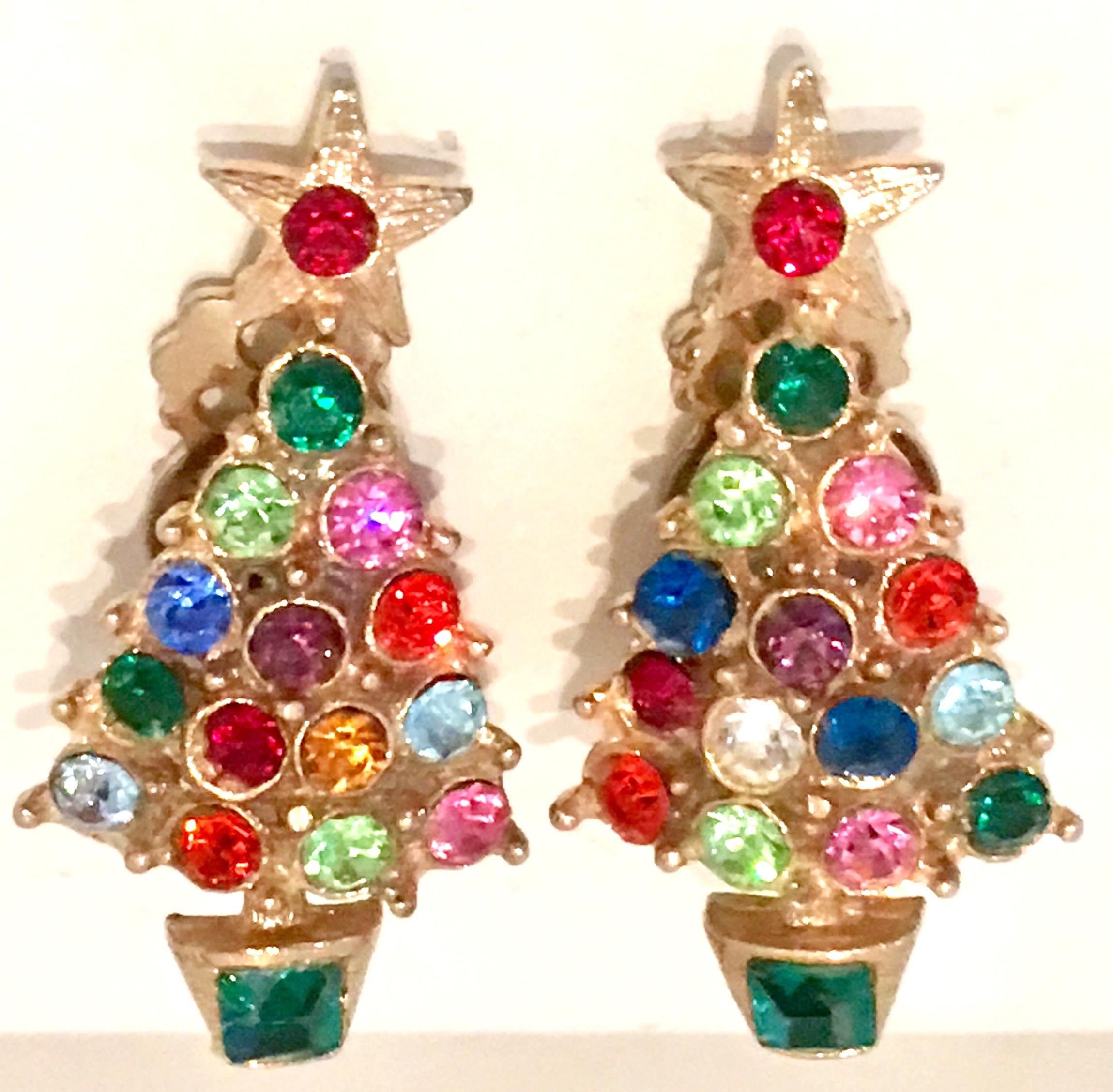 20th Century Gold Plate & Swarovski Crystal Rhinestone Christmas Tree Earrings. These festive clip style earrings feature multi colored bezel set stonesx.