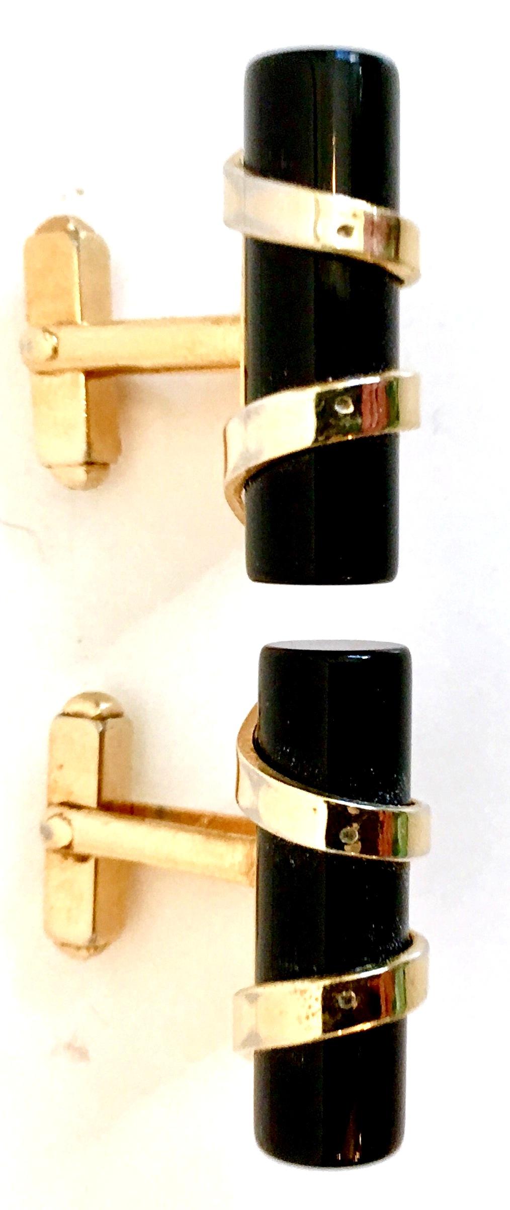 50'S Pair Of Art Deco Style Onyx & 12K Gold Cuff Links By, Anson 1