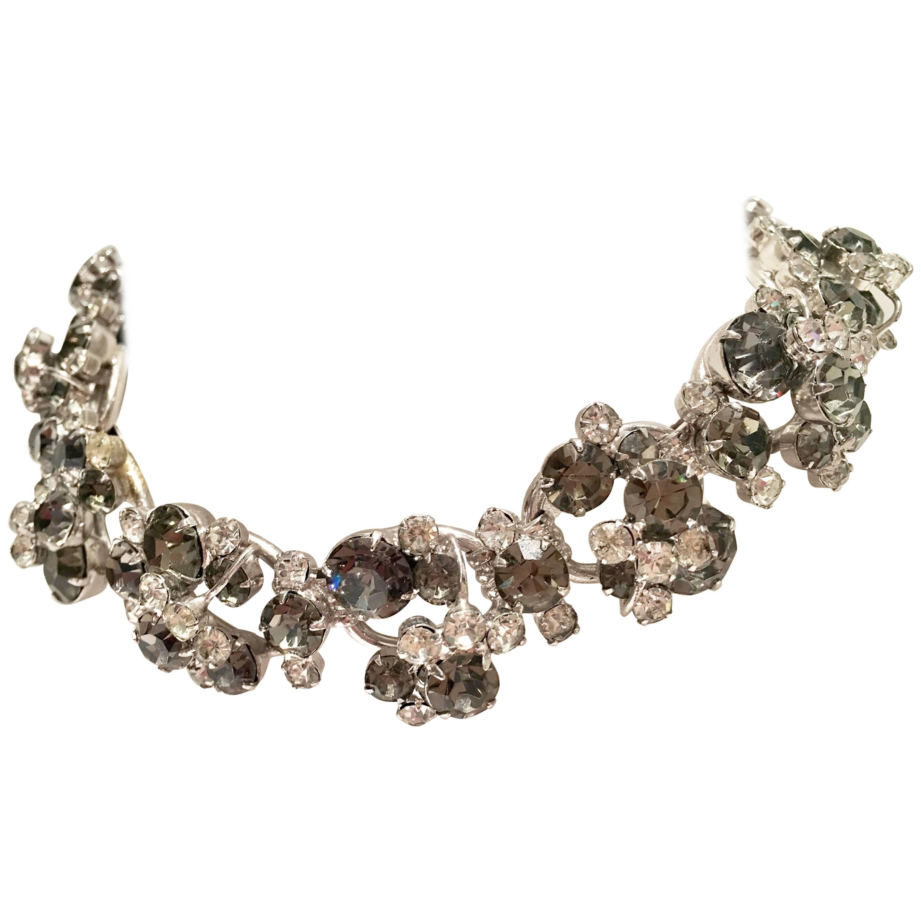 20th Century Modernist Italian Silver Plate & Sterling 925 , Swarovski Crystal Ten Link Choker Necklace. This unique ten link silve link choker style necklace is adorned with crystal clear & crystal smoky topaz prong set Swarovski crystal