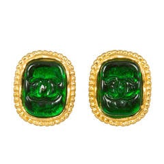 Emerald CHANEL Poured Glass Earrings with Embossed CC Logo