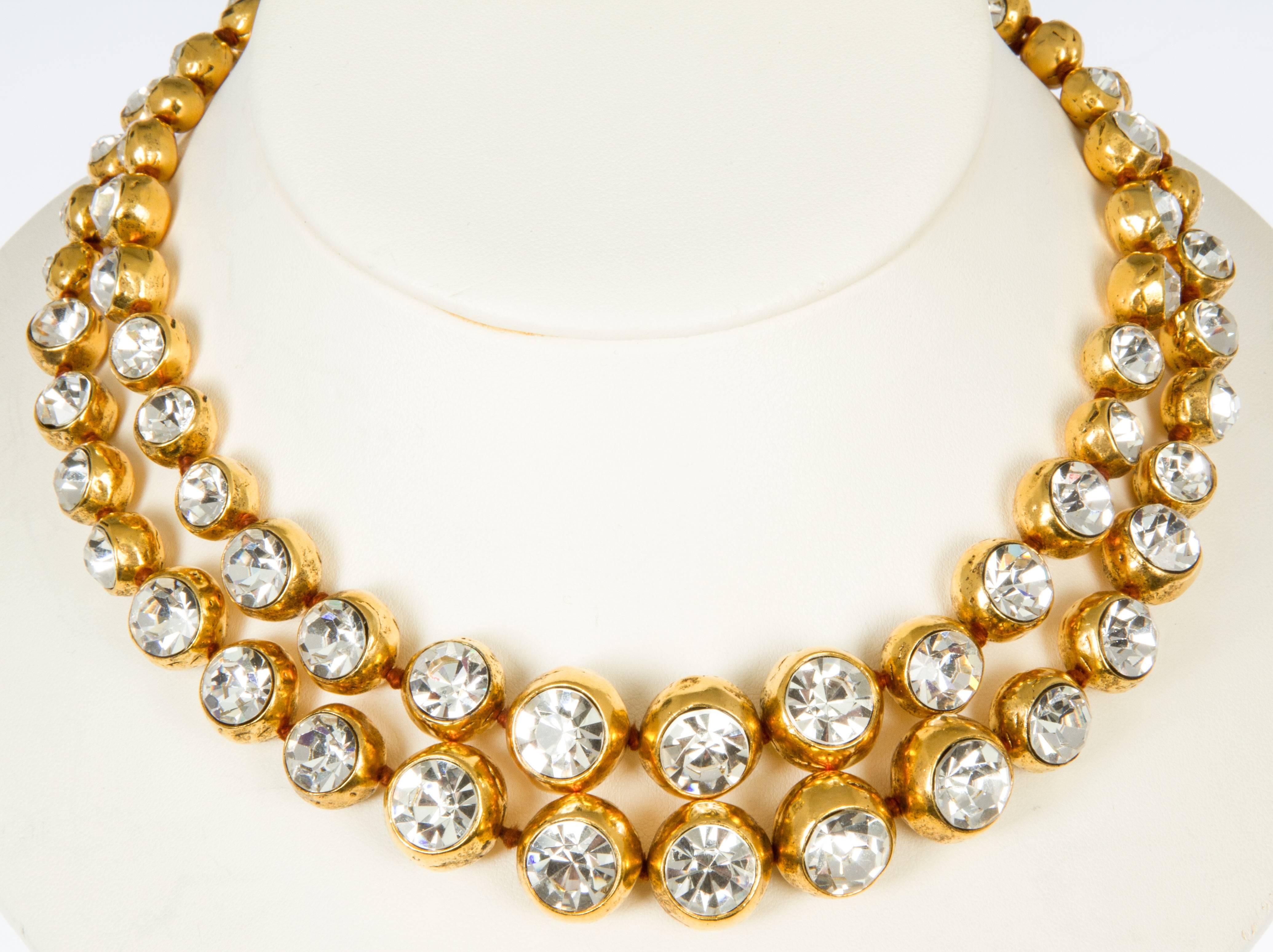 CHANEL Double Strand Crystal Headlight Necklace With Gripoix Clasp In Excellent Condition In Chicago, IL