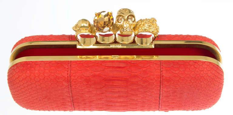 Red Alexander McQueen Snakeskin Jeweled Knuckle Duster Clutch