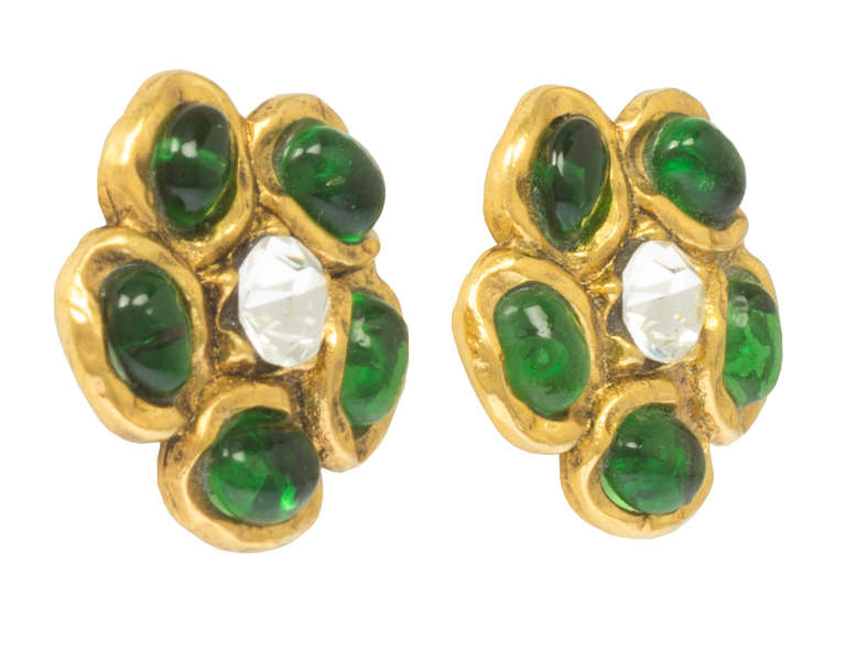 CHANEL Poured Glass Clip on Earrings with Central Rhinestone In Excellent Condition In Chicago, IL