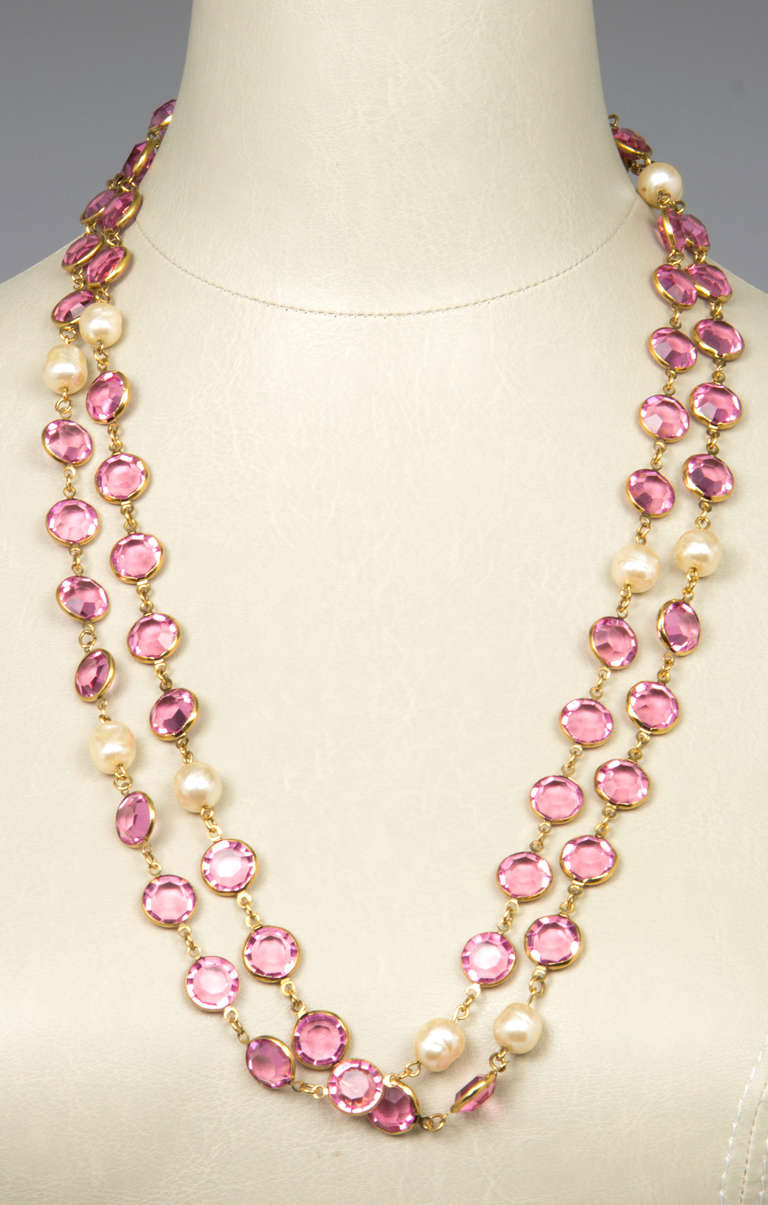 Women's CHANEL Pink Crystal and Faux Pearl Sautoir Necklace