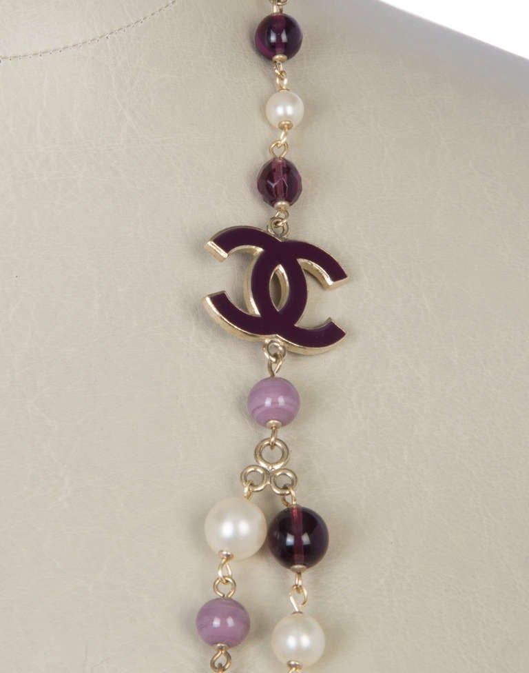 CHANEL Double Strand Necklace Purple, Pearls and Enameled Logo In Excellent Condition In Chicago, IL