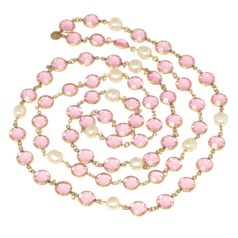 CHANEL Pink Crystal and Faux Pearl Sautoir Necklace
