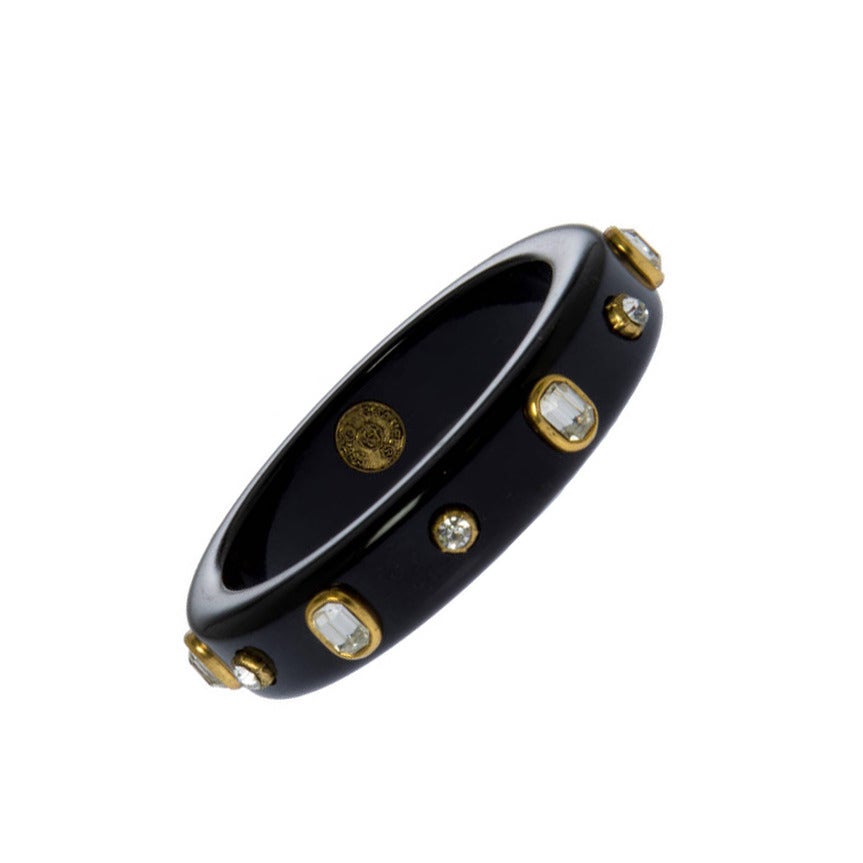 Chic CHANEL Black Resin Cuff with Crystals 1985