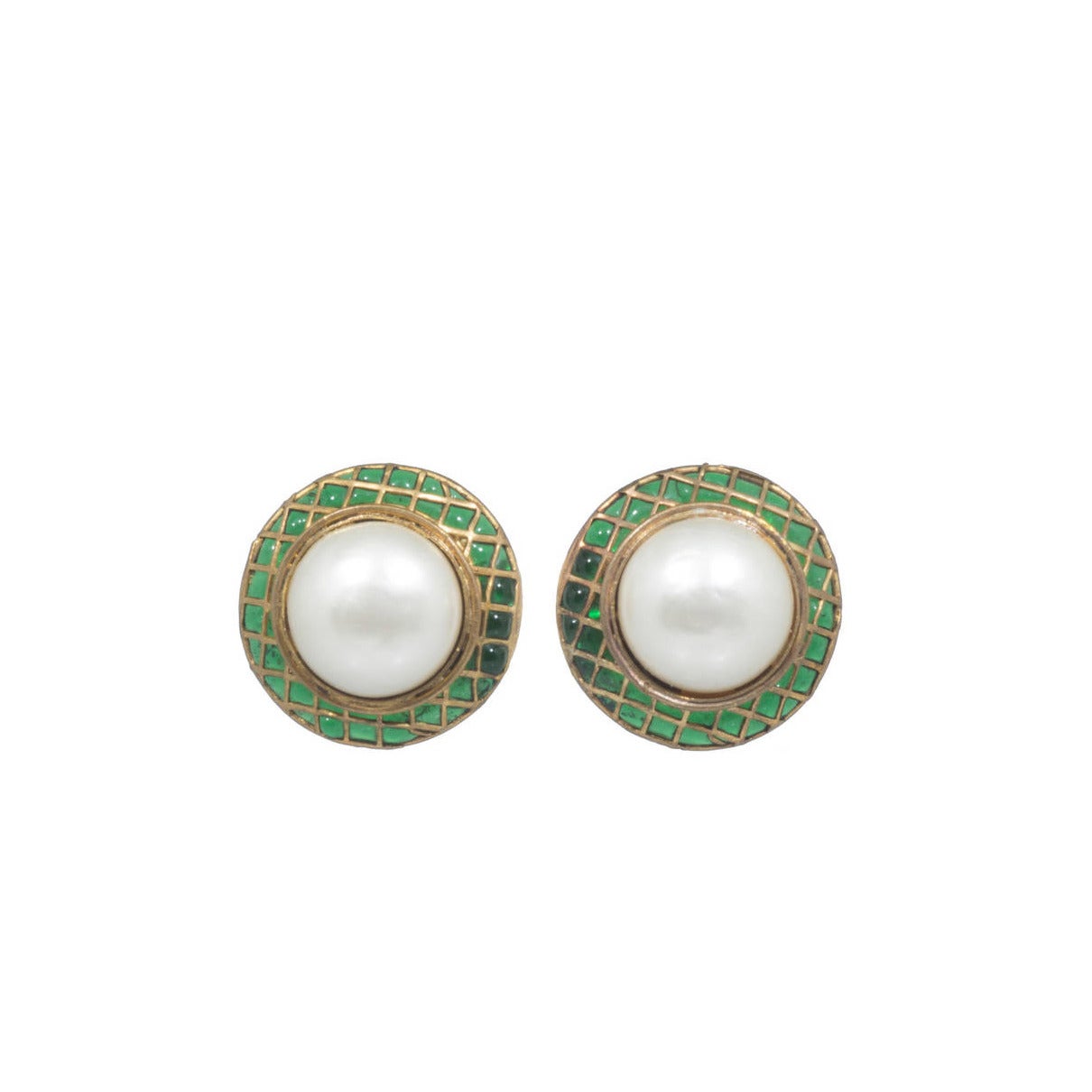 Pair of CHANEL Pearl and  Green Gripoix Glass Clip on Earrings