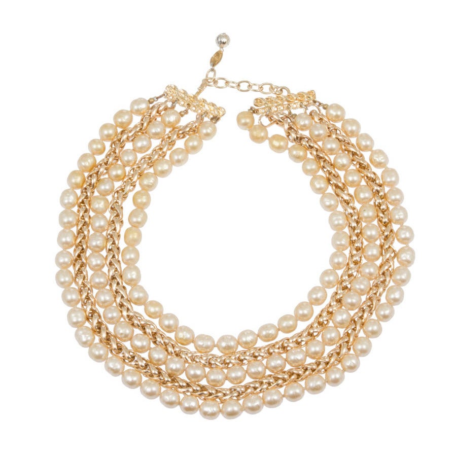 CHANEL Chain and Pearl Collar Style Necklace