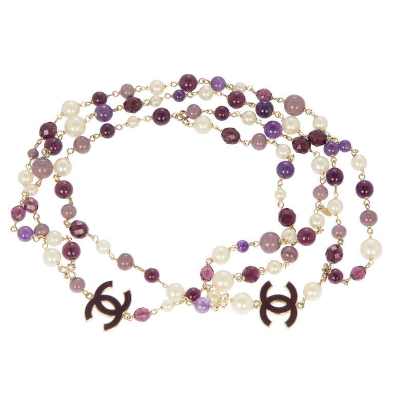 CHANEL Double Strand Necklace Purple, Pearls and Enameled Logo