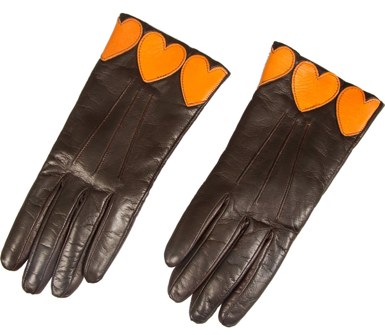 Fun gloves in a rich chocolate brown accented  with orange hearts.