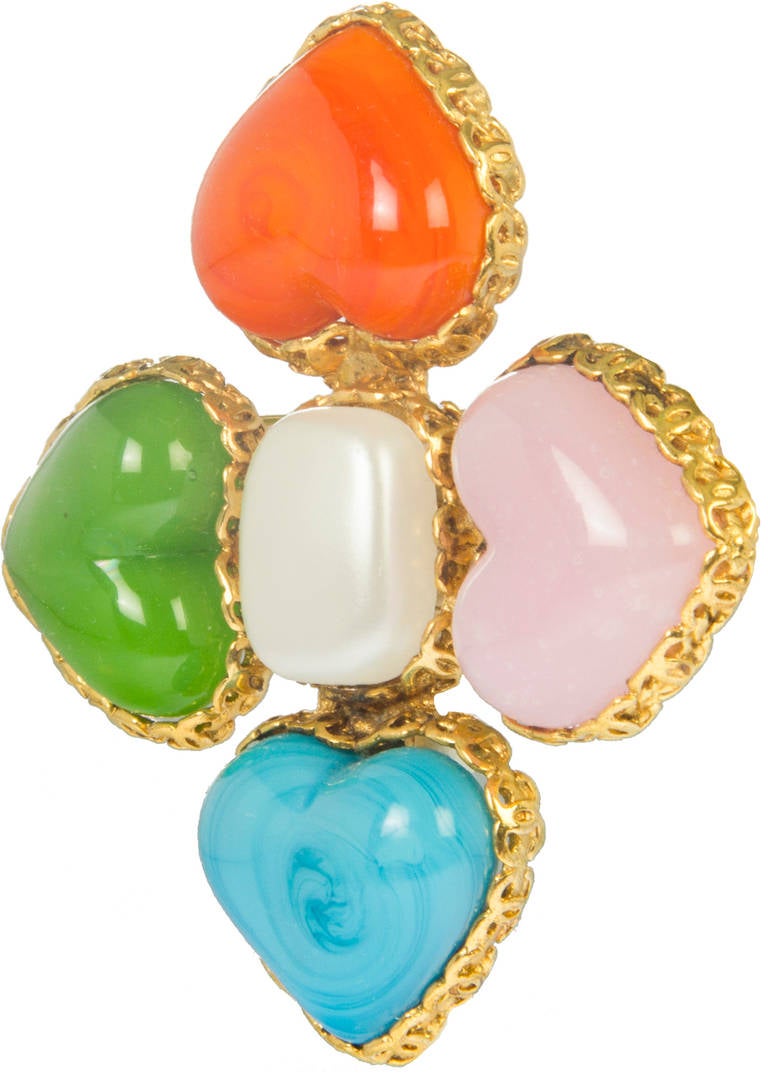 This is a colorful and playful stylized large heart brooch. It is marked Season 28, a time when Victoire de Castellane was head designer of costume jewelry.