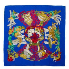 Vintage Hermes Blue and Gold  Silk Scarf "Chapeau" by Annie Faivre