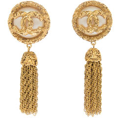 CHANEL Logo and Pearl Earrings with Tassels