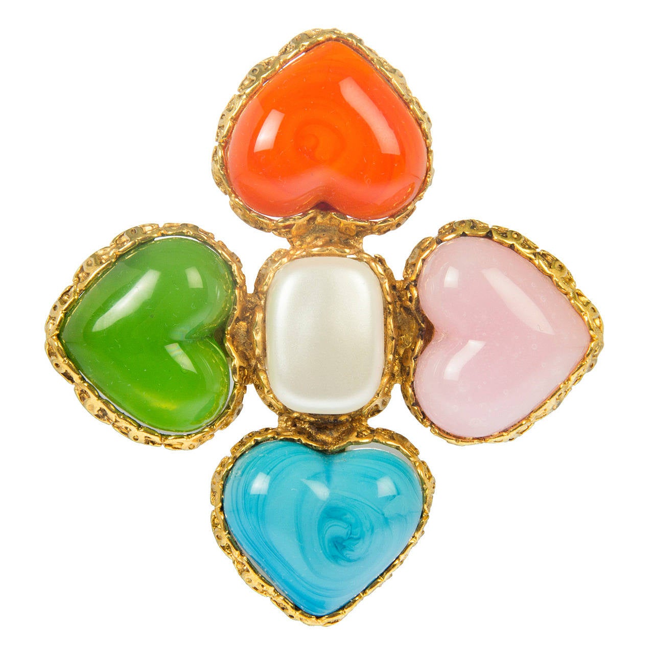 CHANEL Poured Glass Gripoix and Faux Pearl Heart Brooch