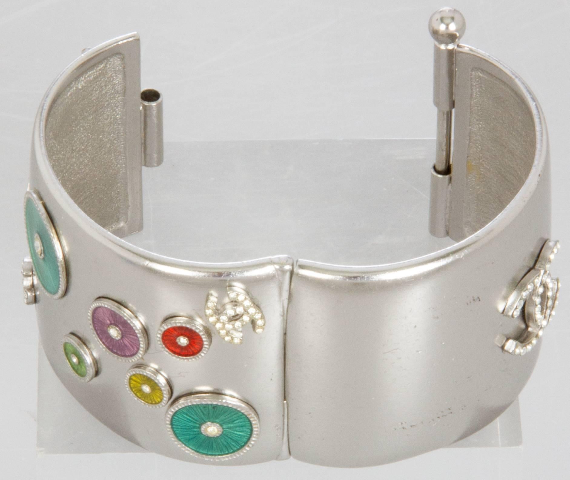 CHANEL Crystal & Enameled Hinged Bangle Bracelet In Excellent Condition In Chicago, IL