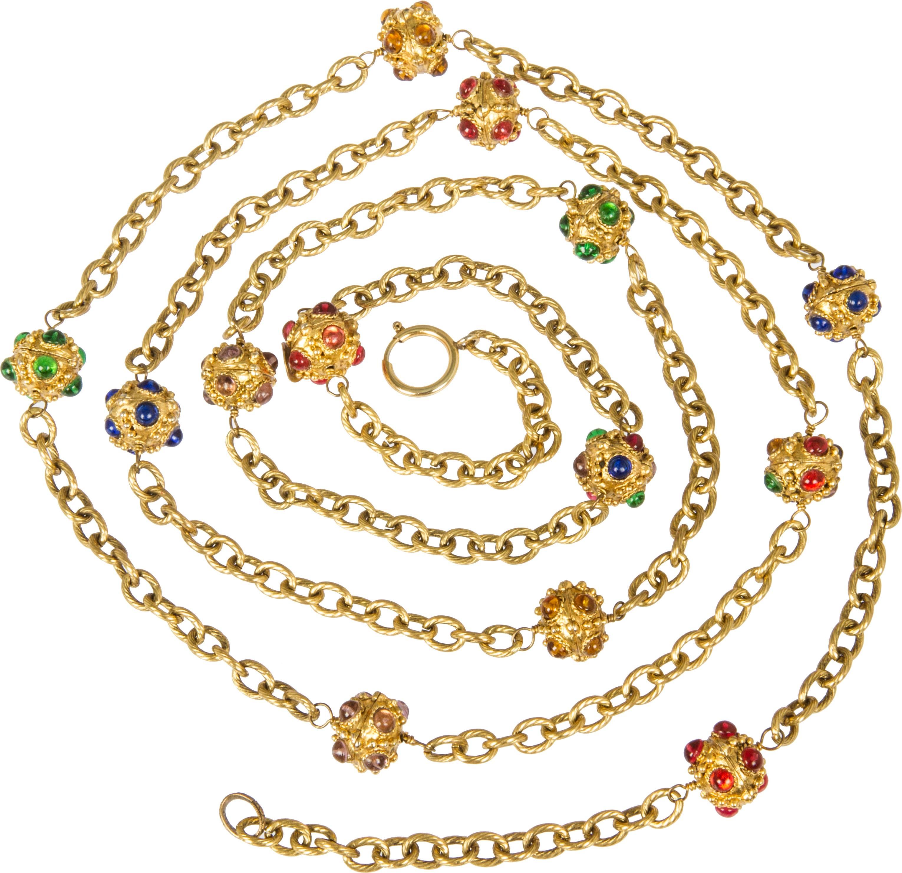 Women's Long Chanel Necklace with Cabochon Encrusted Orbs