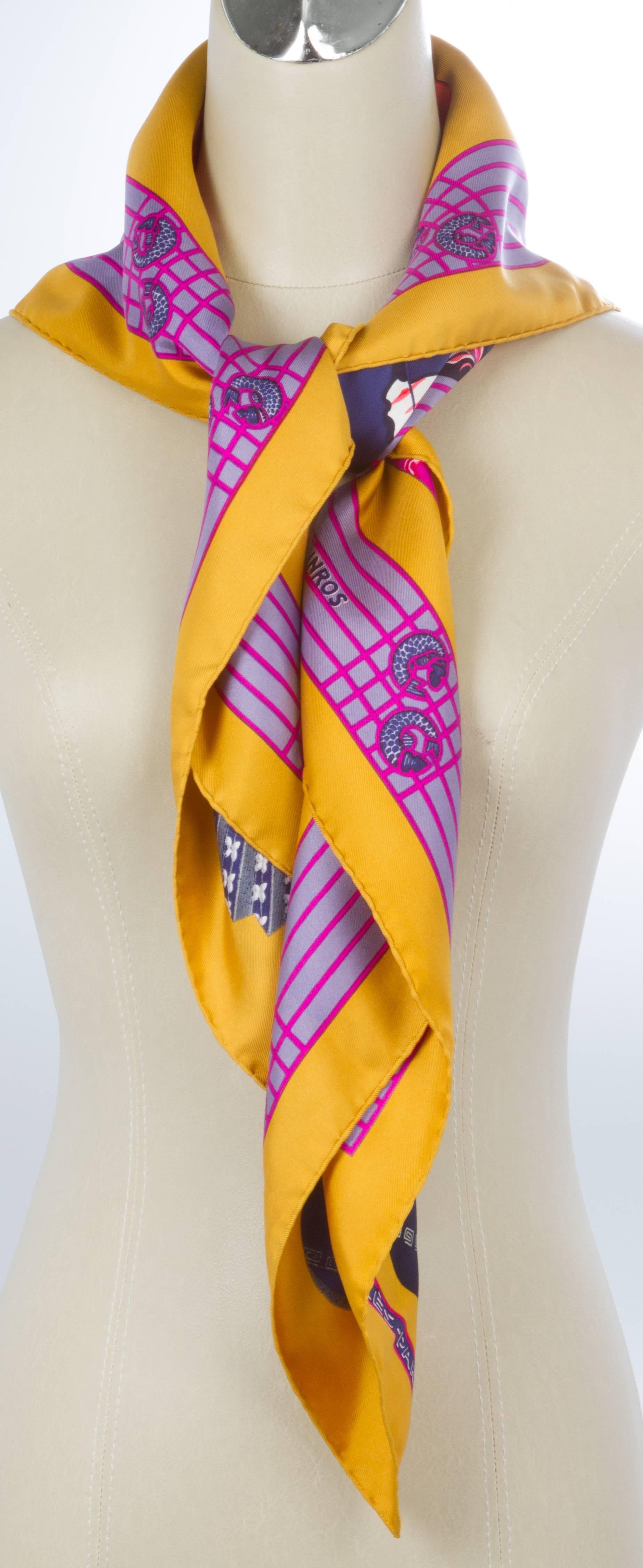 This scarf was designed by Annie Faivre in 1986 and depicts Japanese fabrics used in kimonos along with other fitting accessories.