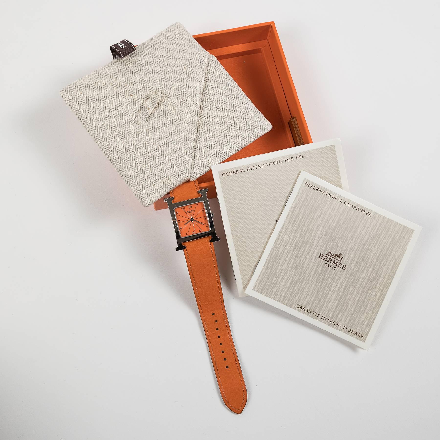 2002 Hermes Heure H Wrist Watch Silver Colour and Orange Leather Wristband  4