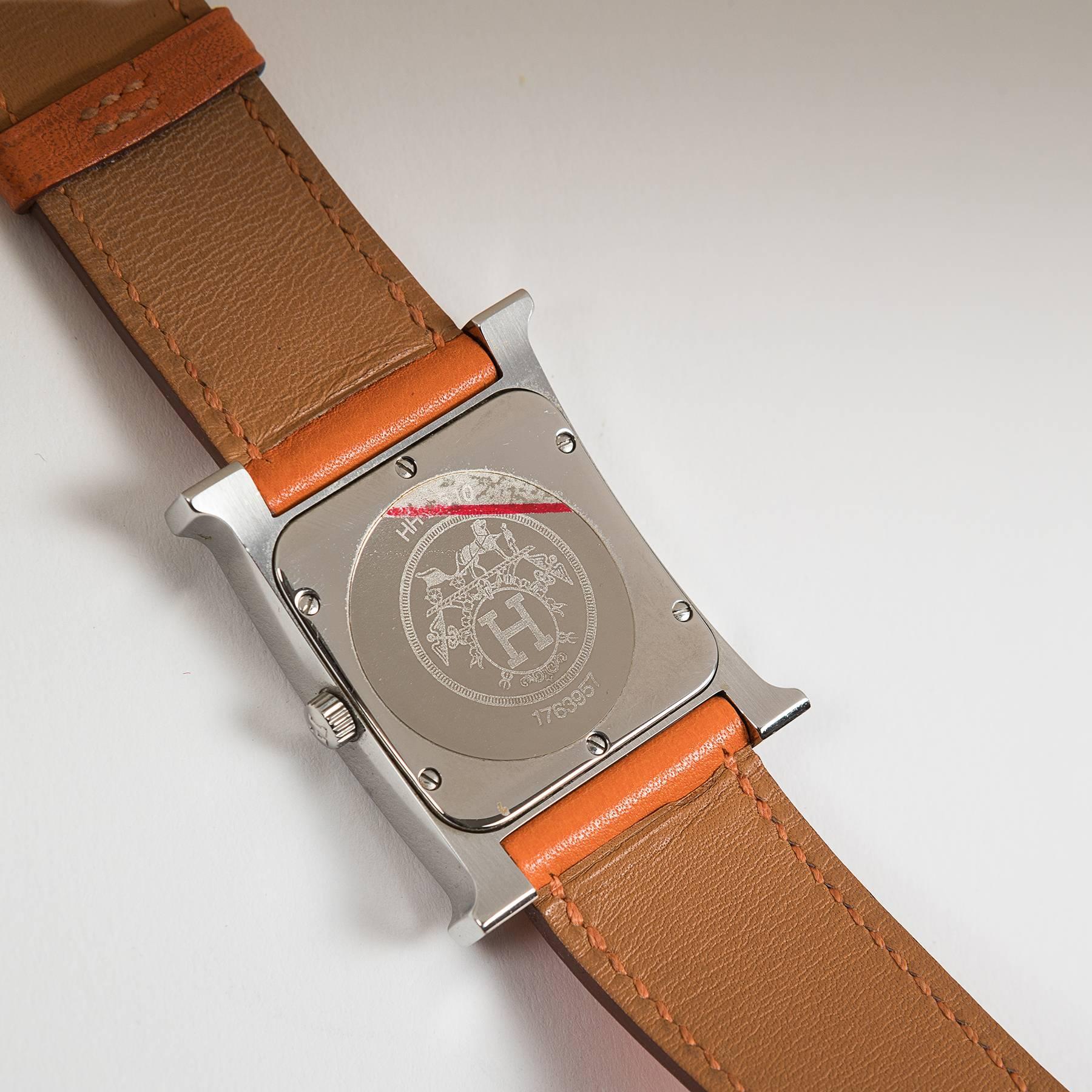 Women's or Men's 2002 Hermes Heure H Wrist Watch Silver Colour and Orange Leather Wristband 