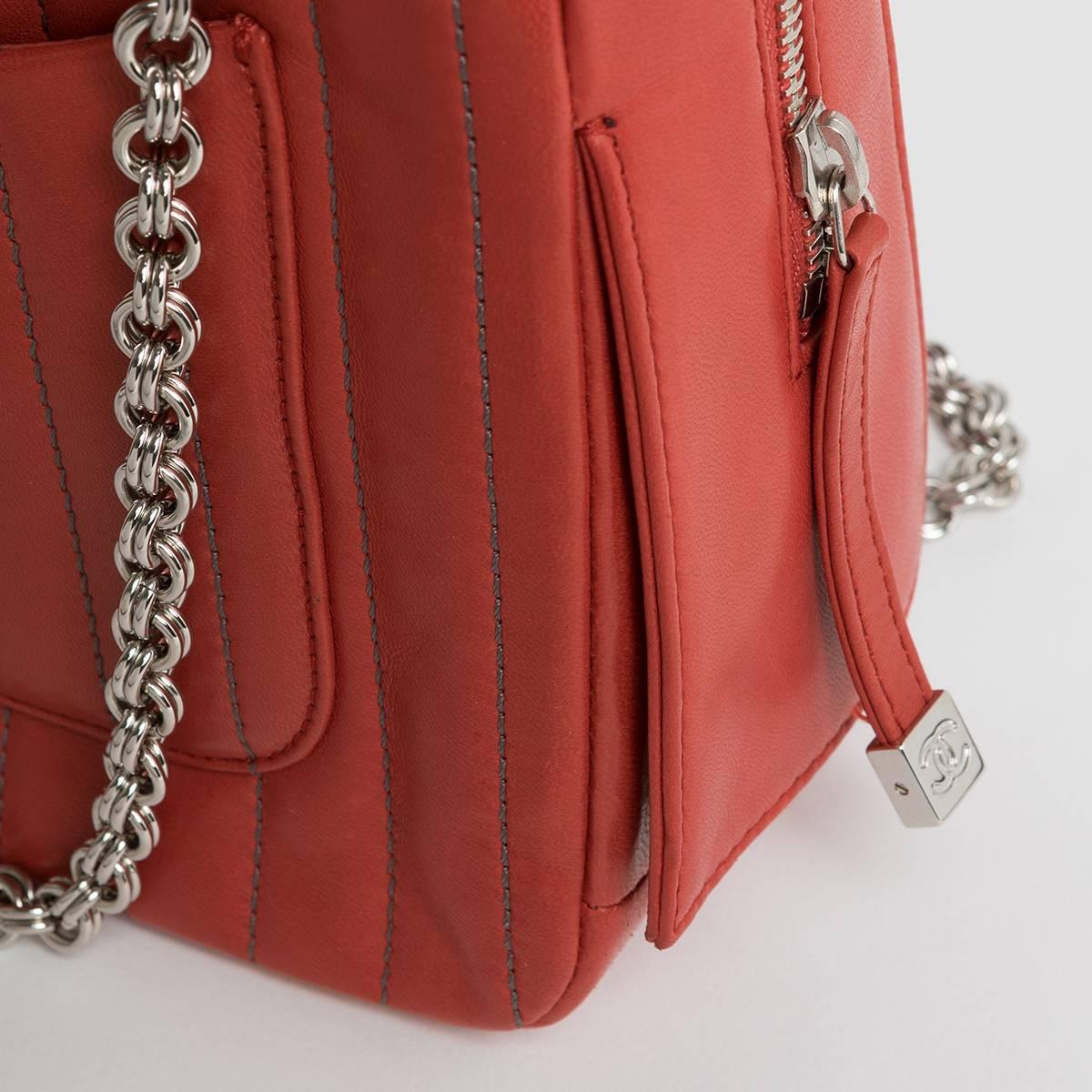 Chanel Geranium Red Lambskin Two Chain Handles Shopping Bag With Side Pockets For Sale 5