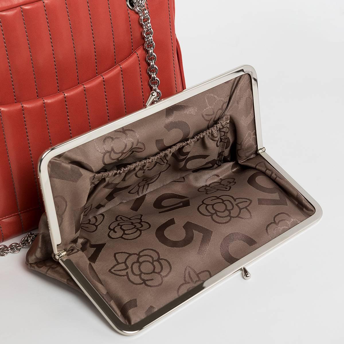 Chanel Geranium Red Lambskin Two Chain Handles Shopping Bag With Side Pockets For Sale 4