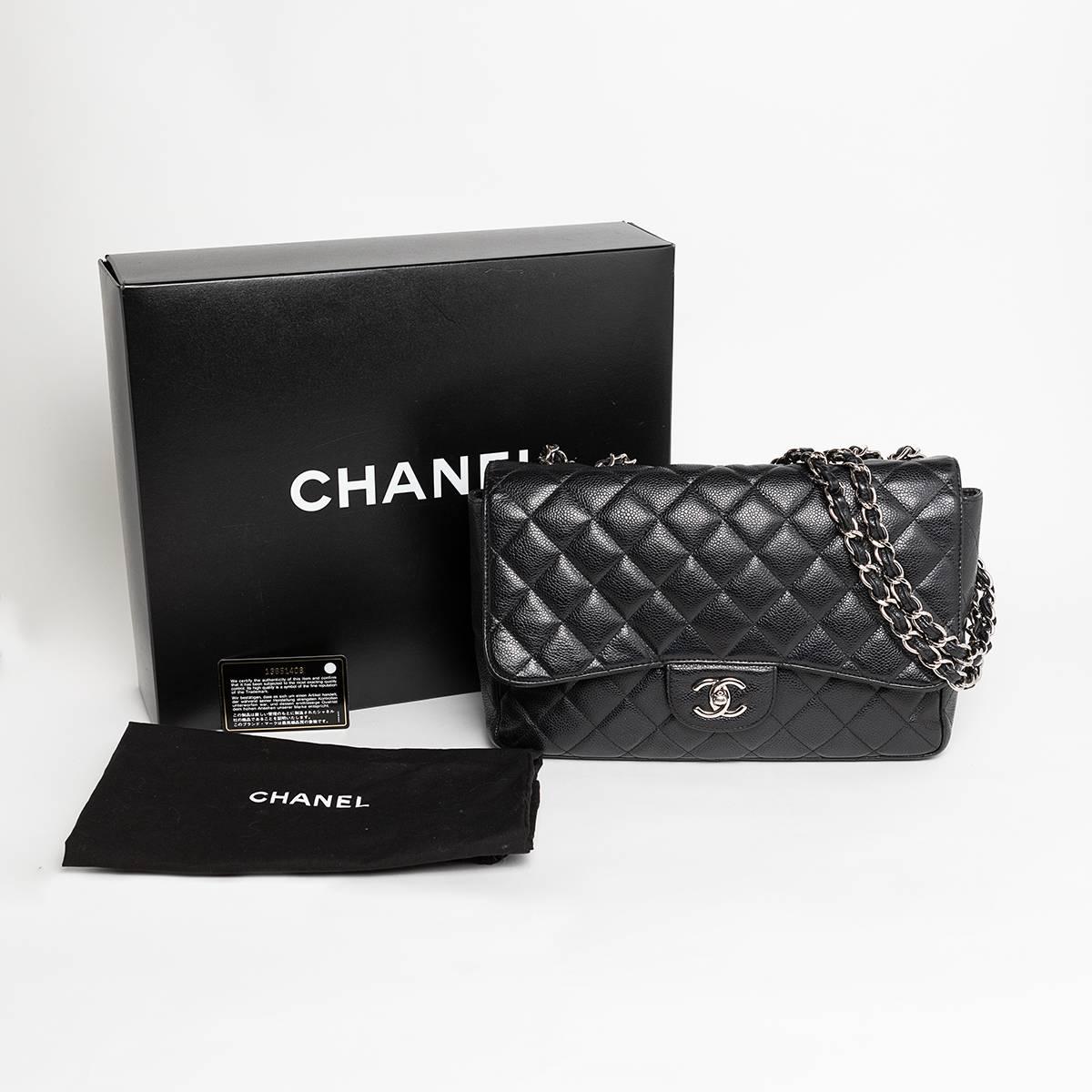 2006 Chanel Jumbo Single Flap Black Caviar Bag, Silver Hardware  For Sale 7