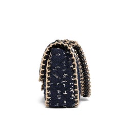 2008 Chanel Blue and Beige Boucle and Canvas Flap Strap Bag Big Size