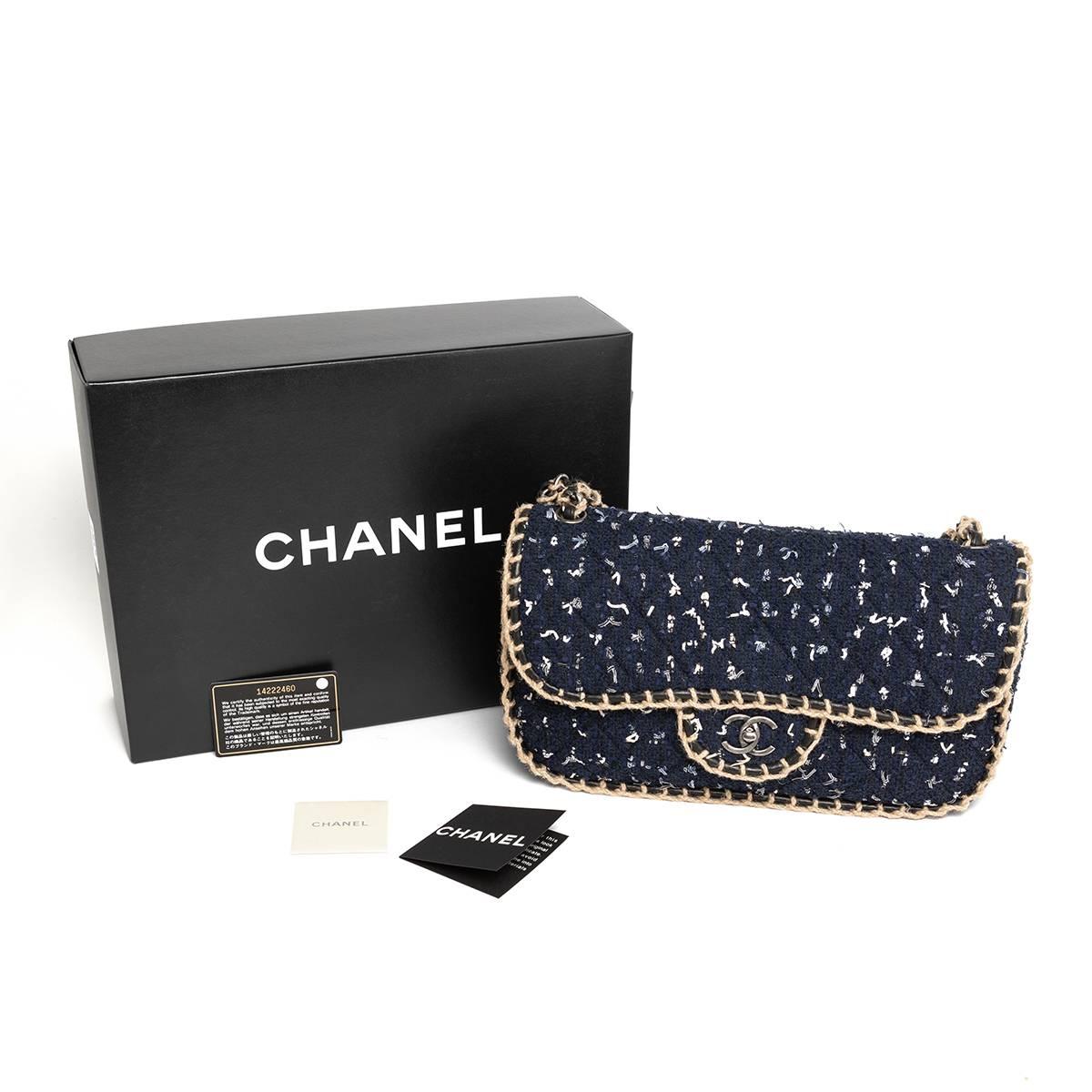 Black 2008 Chanel Blue and Beige Boucle and Canvas Flap Strap Bag Big Size For Sale