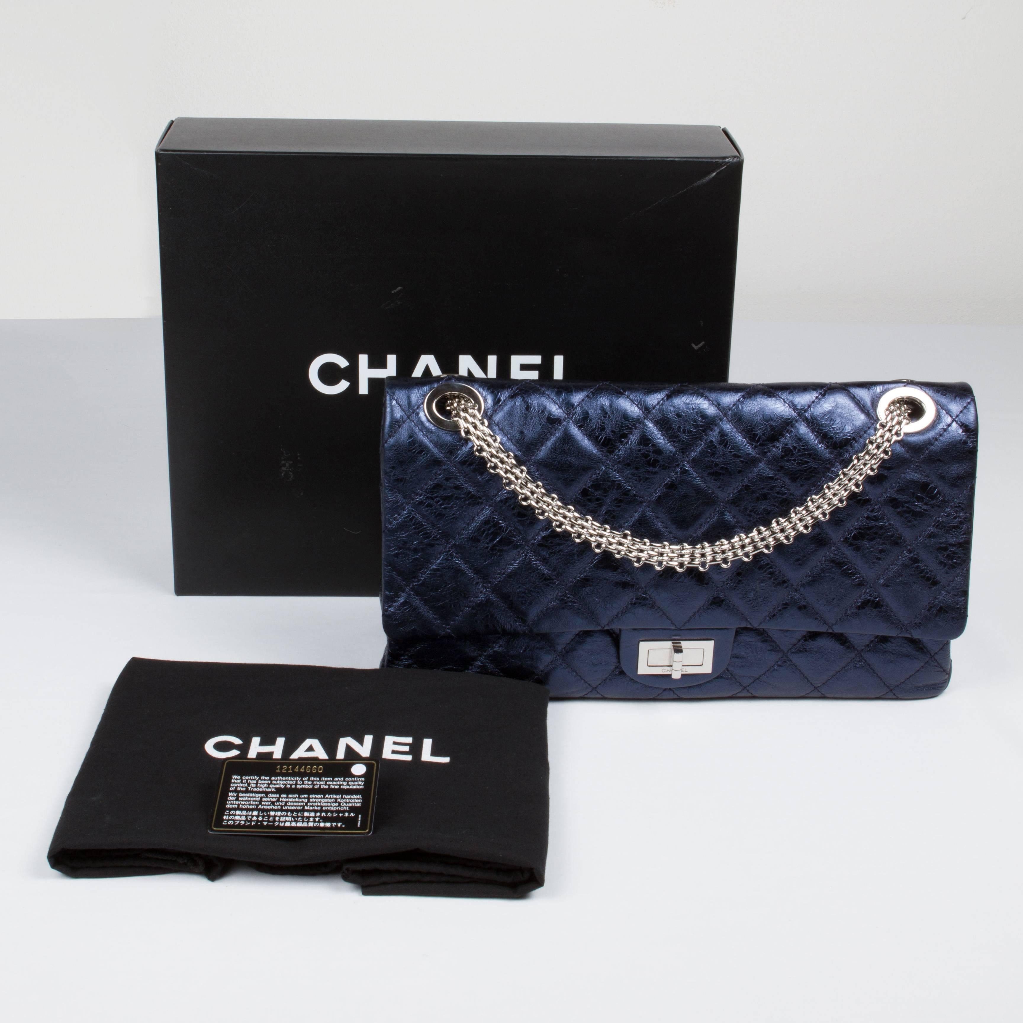 Women's 2009 Chanel Reissue 228  Metallic Blue Leather Pristine Conditions For Sale