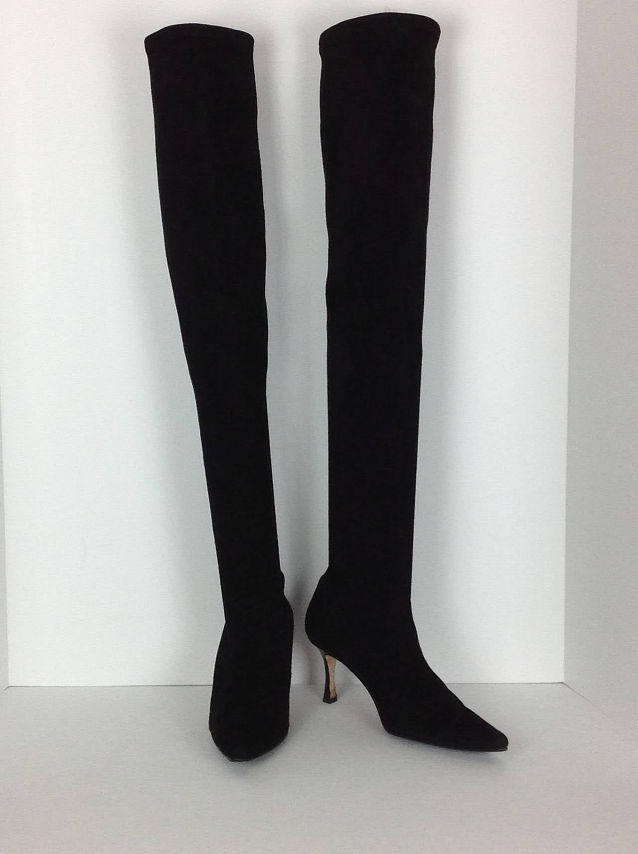 Manolo Blahnik Pascalarehi Over the Knee Boots in black suede.
Pre-owned.
Pull on, stretch suede (they fit like a dream), and give you a long line.
3