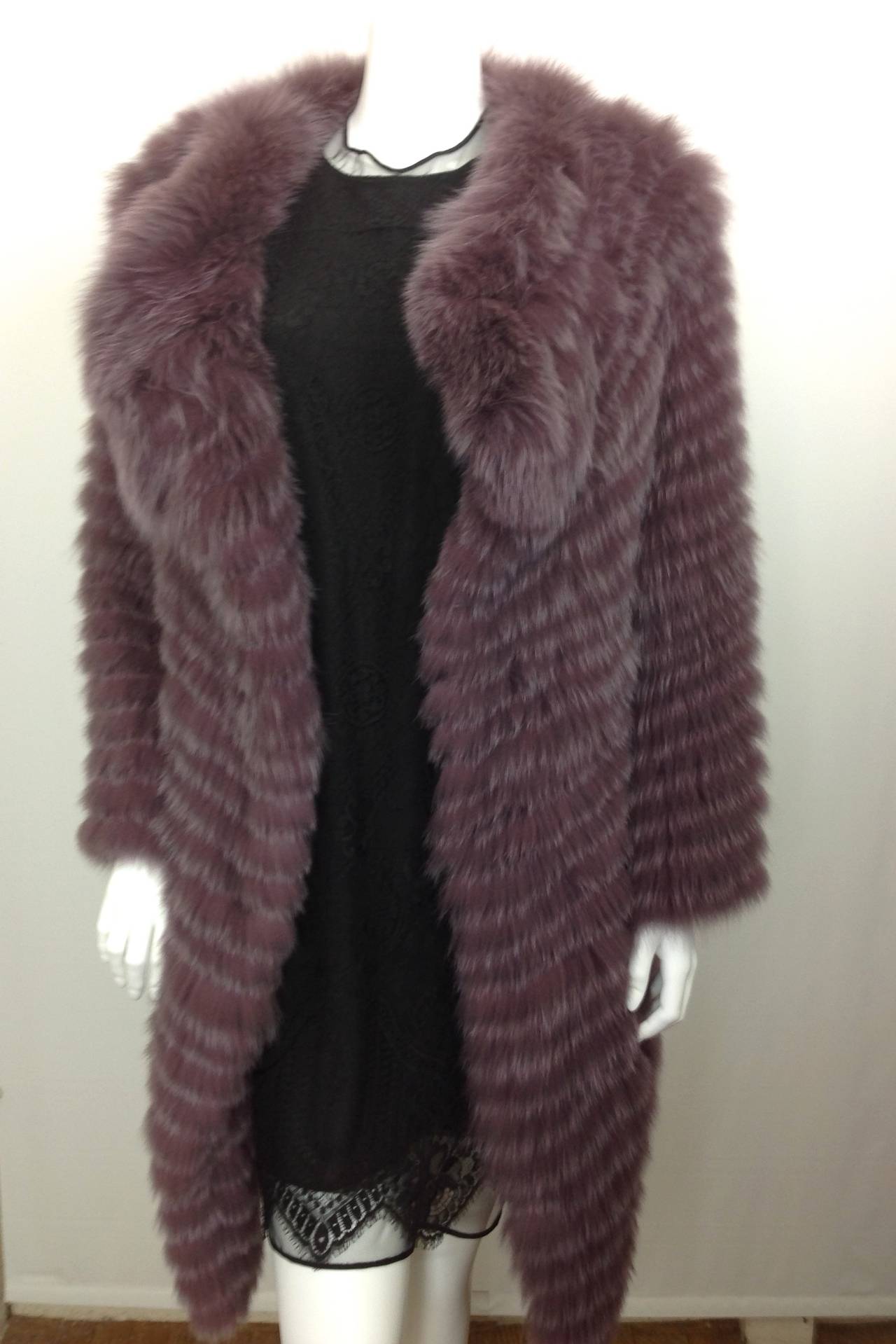 A Fashionista's Delight - Violet Fox Coat, tipped in Gray.
Labels removed...bummer.
Lined in lavender silk charmuse.  Two on seam pockets.  
Three hook & eye's for closure.  One eye missing at the bottom.
24