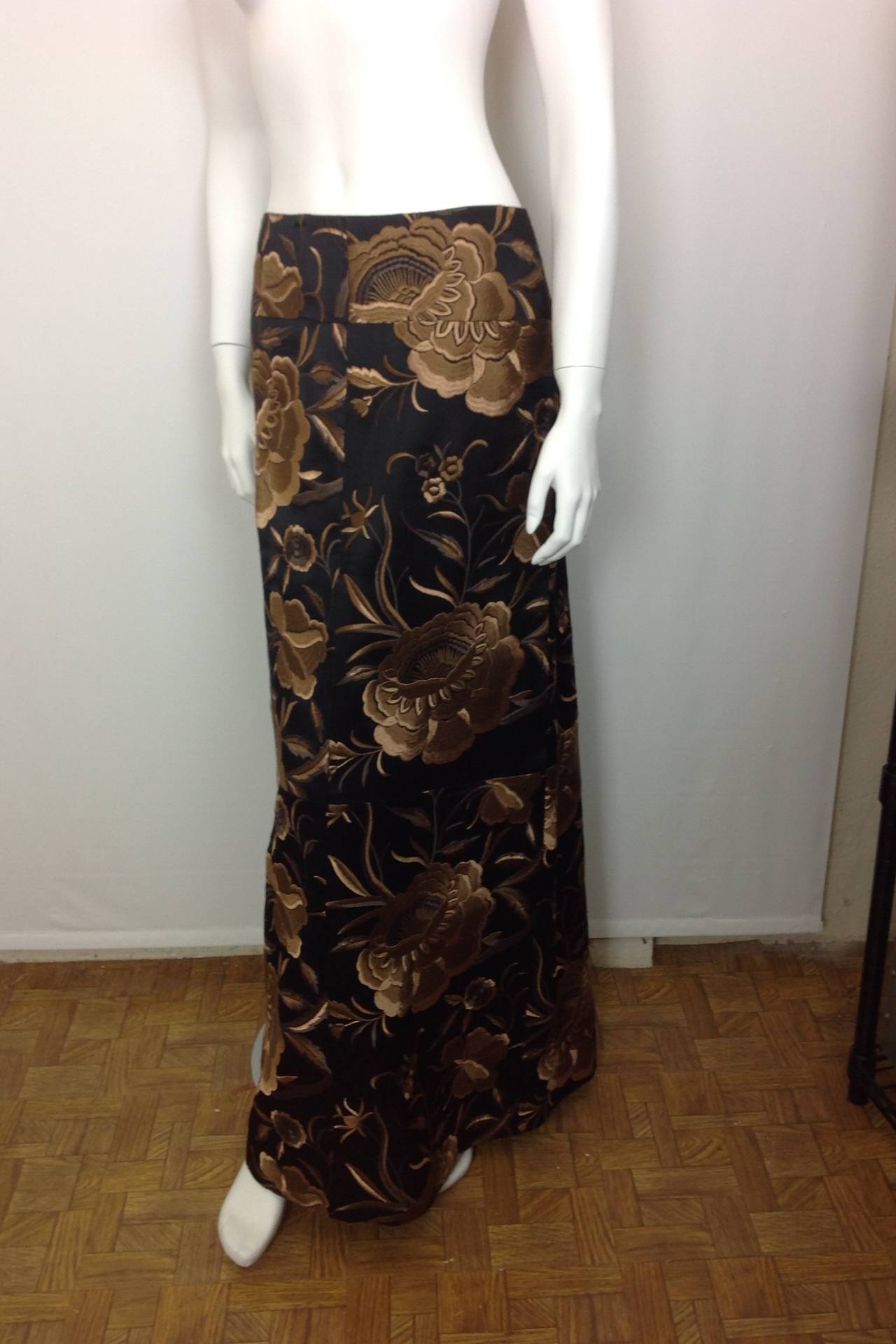 GORGEOUS! Long Norma Kamali fully embroidered silk skirt.  
Flowers embroidered in shades of tan, bronze, brown and charchoal on black silk.  No waistband, dropped yoke.   8