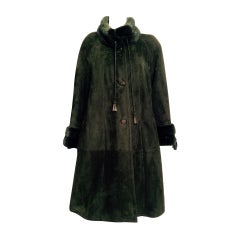 Luxurious Loden Green Shearling Swing Coat With Mink Collar and Cuffs