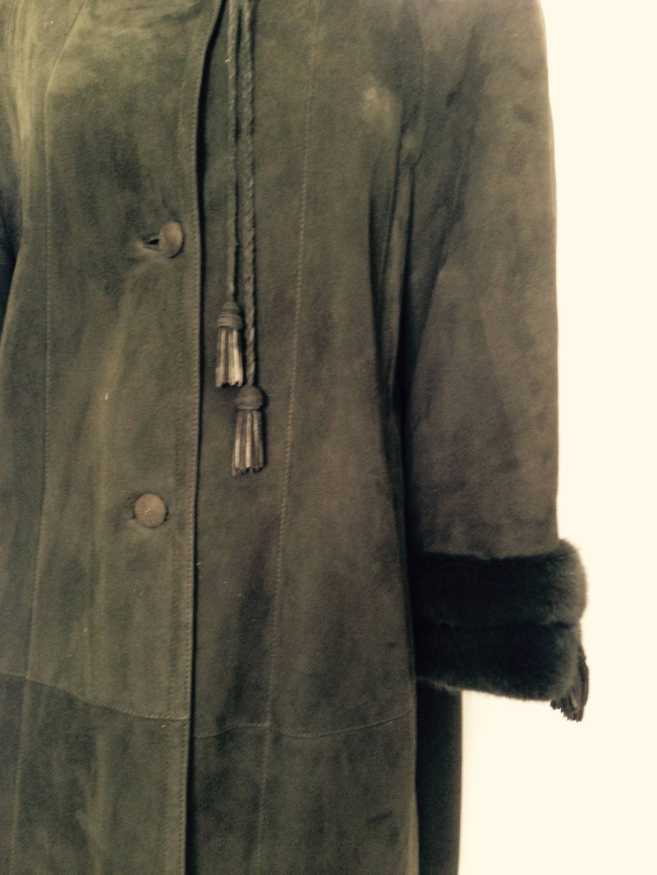 Luxurious Loden Green Shearling Swing Coat With Mink Collar and Cuffs For Sale 2