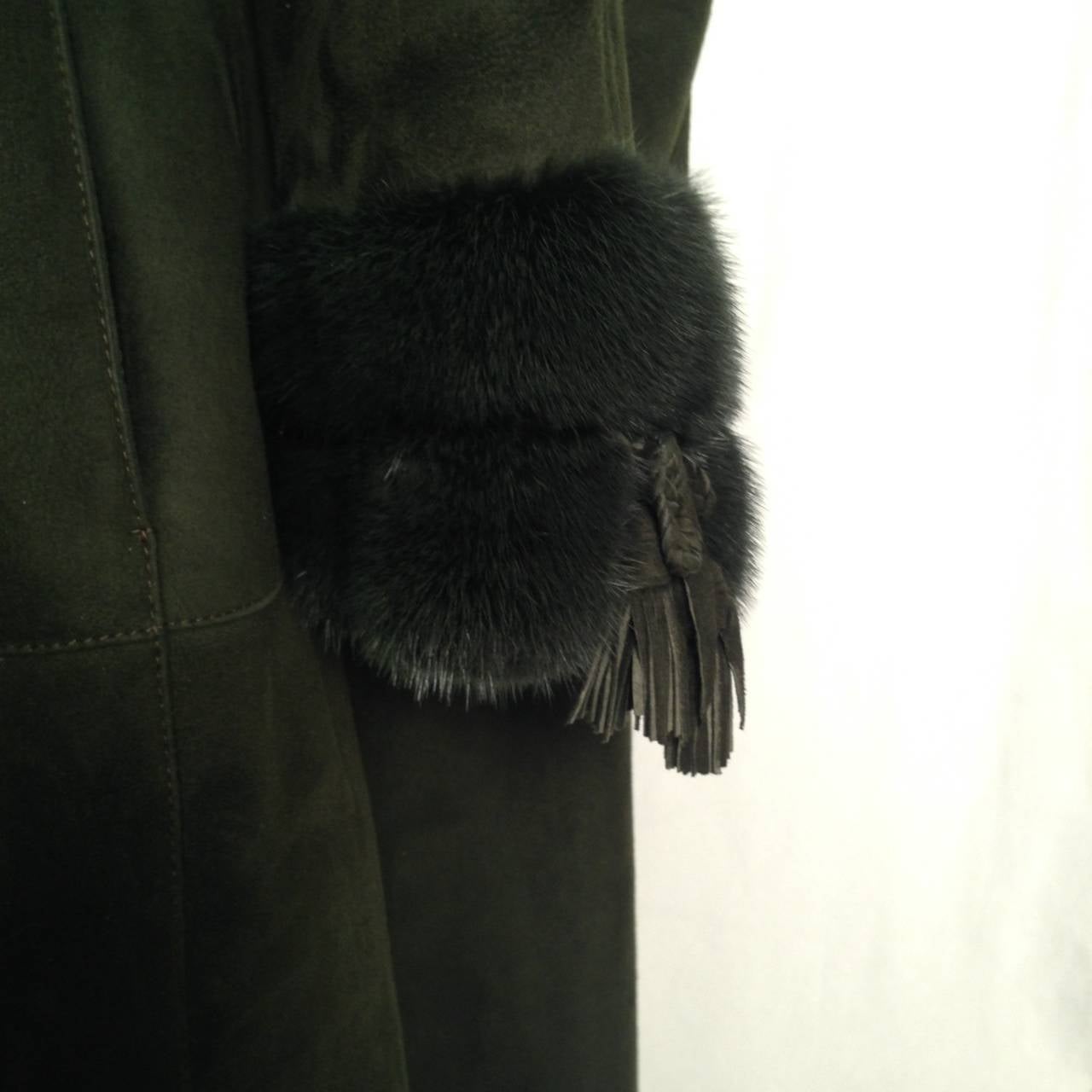 Luxurious Loden Green Shearling Swing Coat With Mink Collar and Cuffs For Sale 3